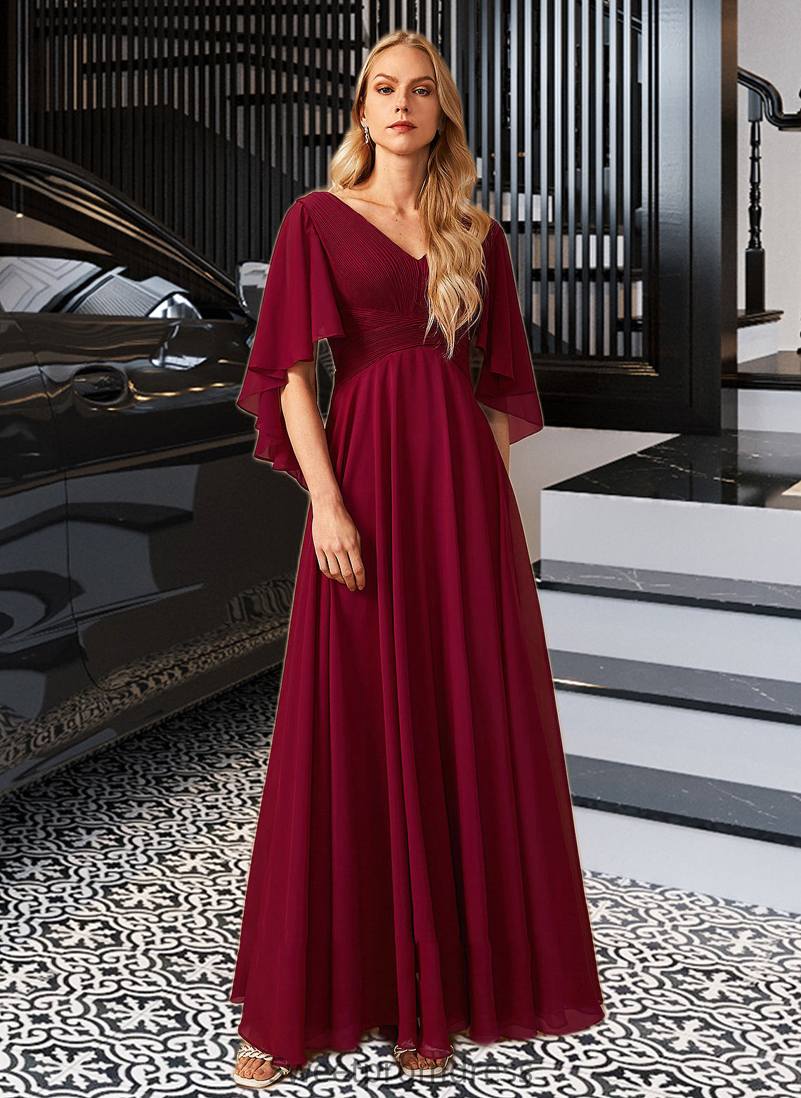 Mariyah A-Line V-neck Floor-Length Bridesmaid Dress With Ruffle DHP0012769