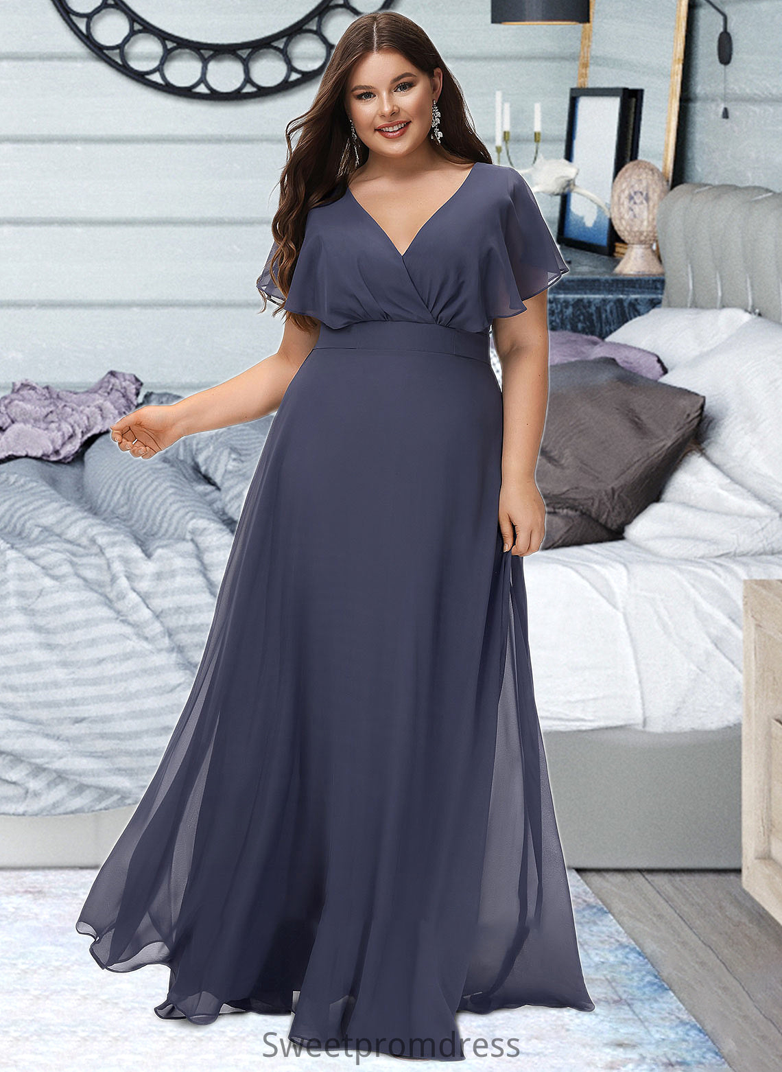 Jacqueline A-Line V-neck Floor-Length Bridesmaid Dress DHP0012770