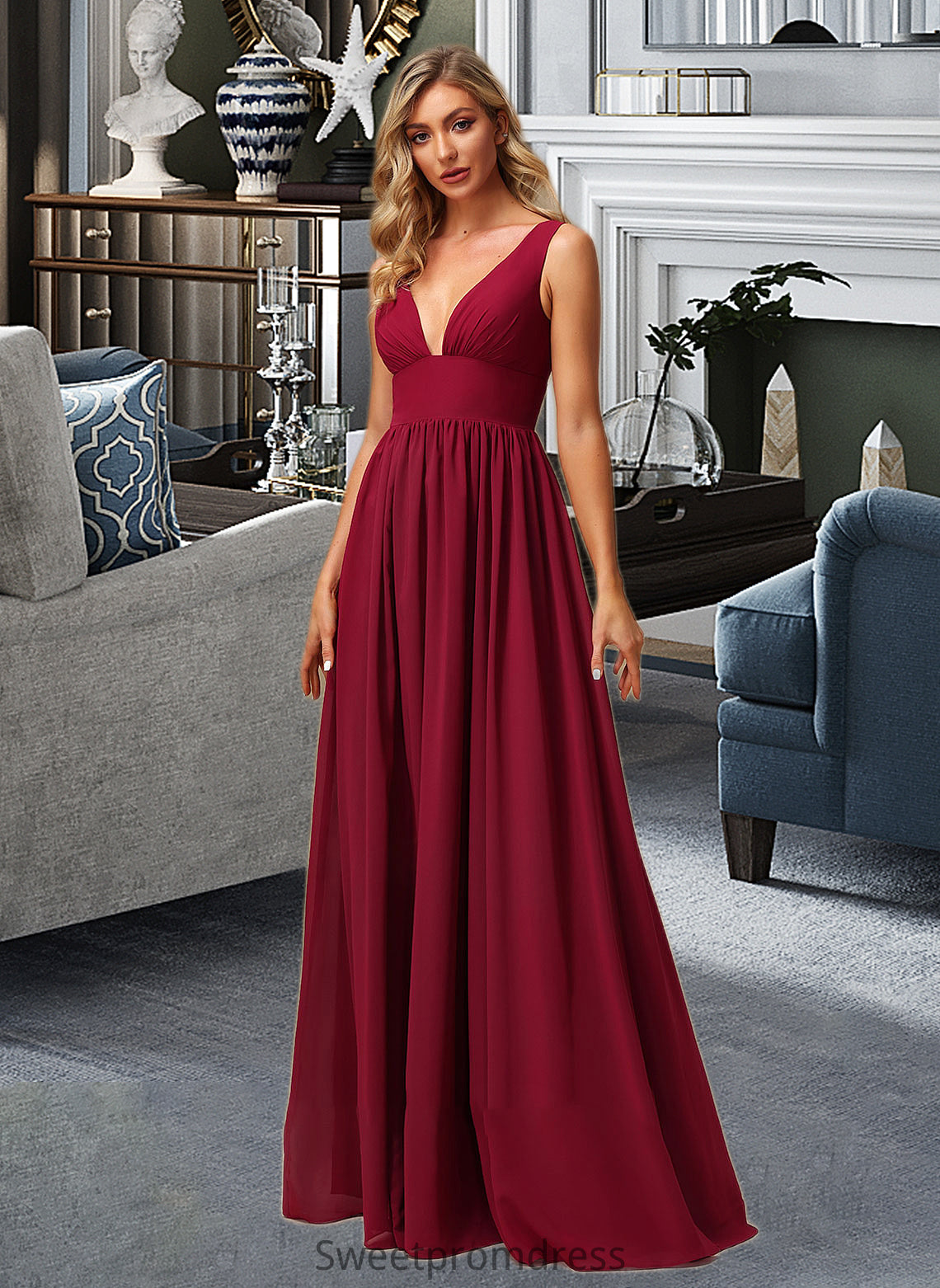 Desirae A-Line V-neck Floor-Length Bridesmaid Dress With Split Front DHP0012771