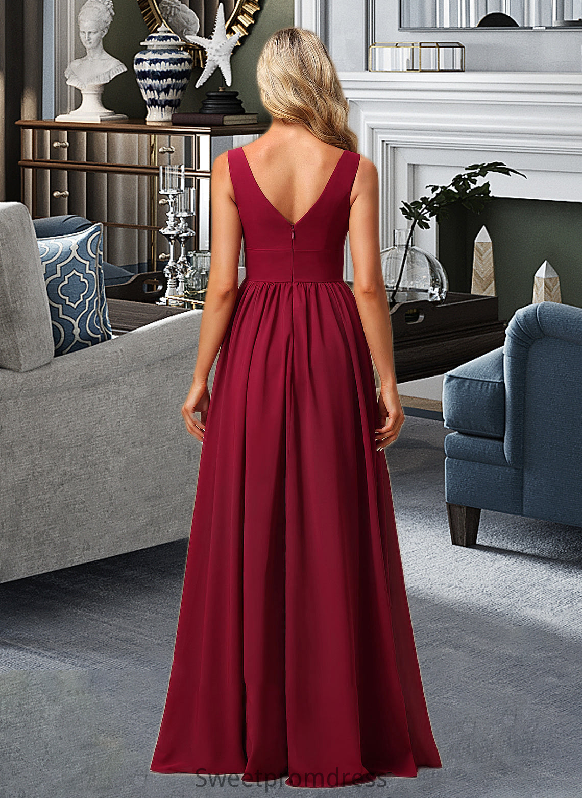 Desirae A-Line V-neck Floor-Length Bridesmaid Dress With Split Front DHP0012771