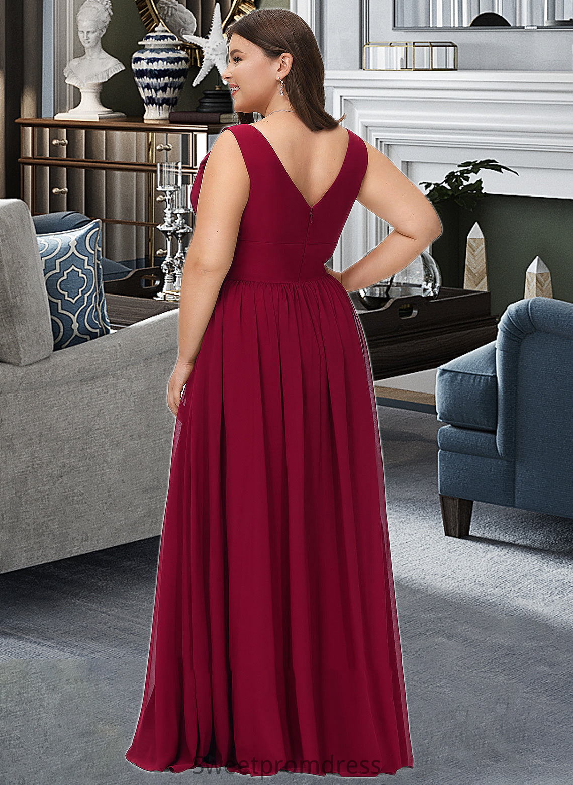 Desirae A-Line V-neck Floor-Length Bridesmaid Dress With Split Front DHP0012771