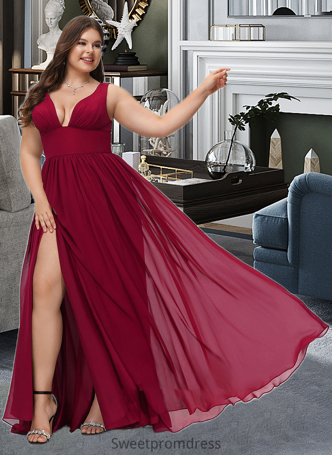 Desirae A-Line V-neck Floor-Length Bridesmaid Dress With Split Front DHP0012771