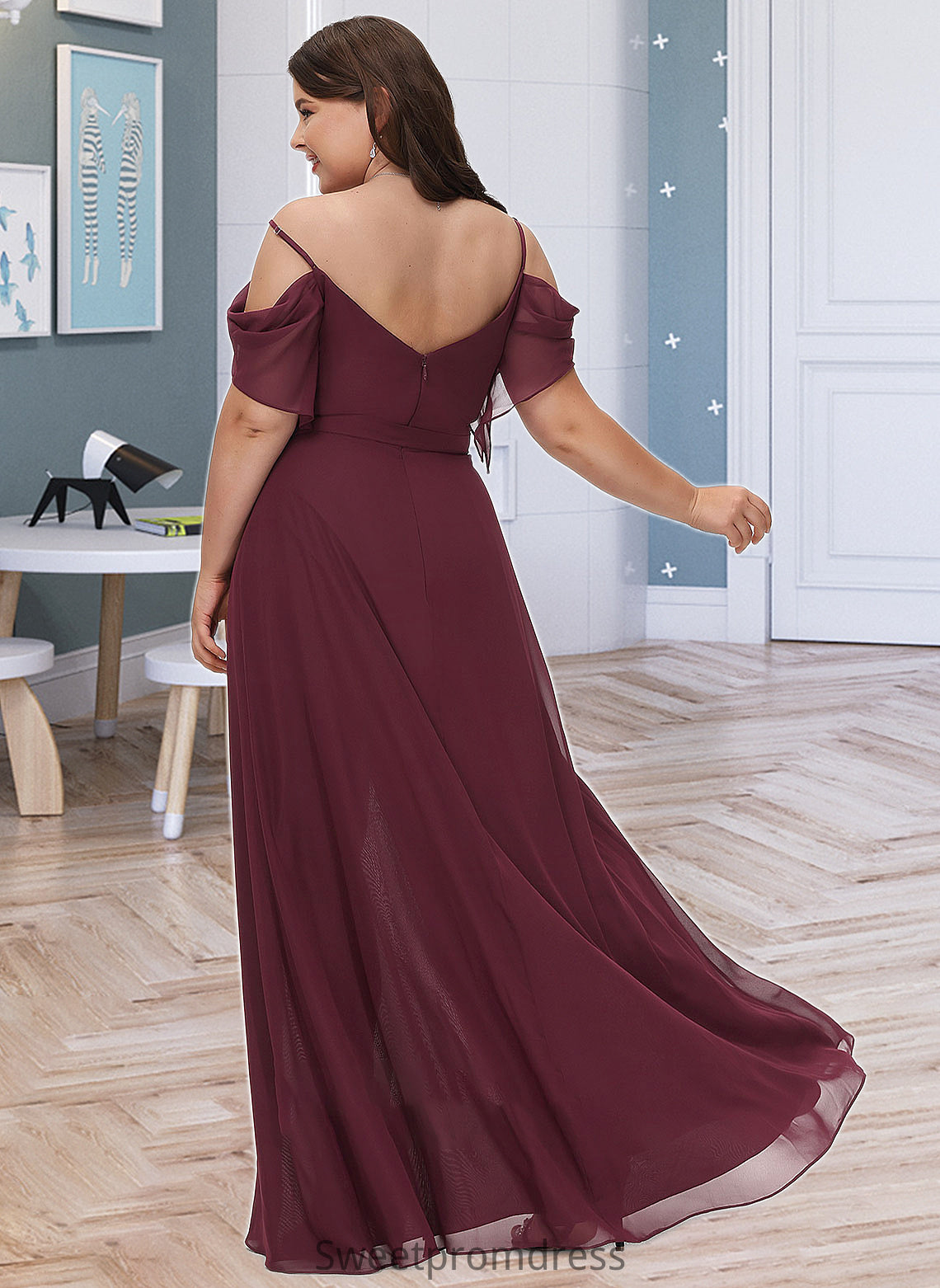 Penny A-Line V-neck Floor-Length Bridesmaid Dress With Ruffle Split Front DHP0012772