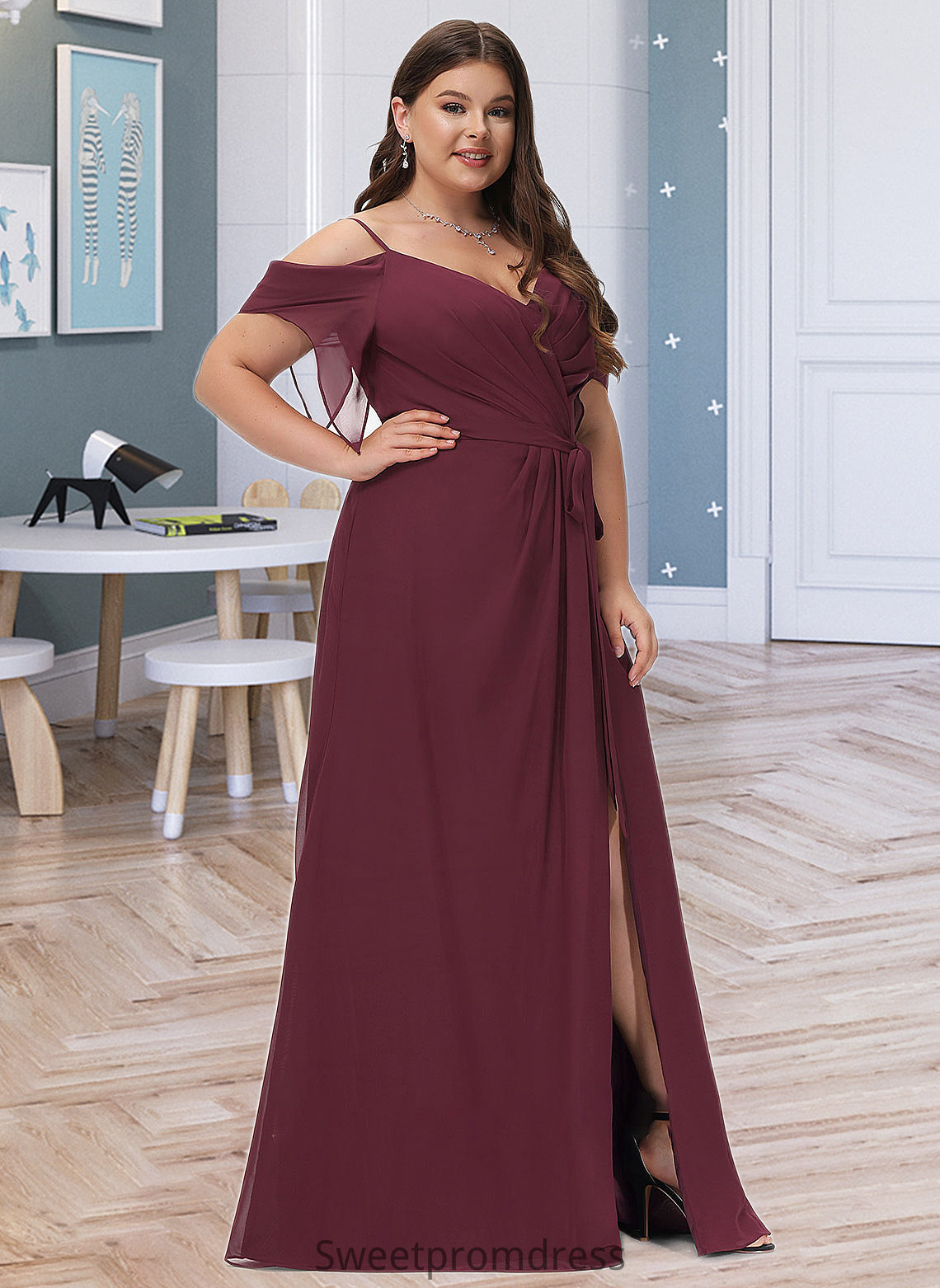 Penny A-Line V-neck Floor-Length Bridesmaid Dress With Ruffle Split Front DHP0012772