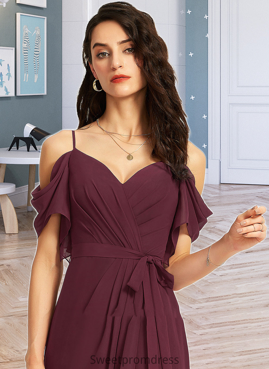 Penny A-Line V-neck Floor-Length Bridesmaid Dress With Ruffle Split Front DHP0012772