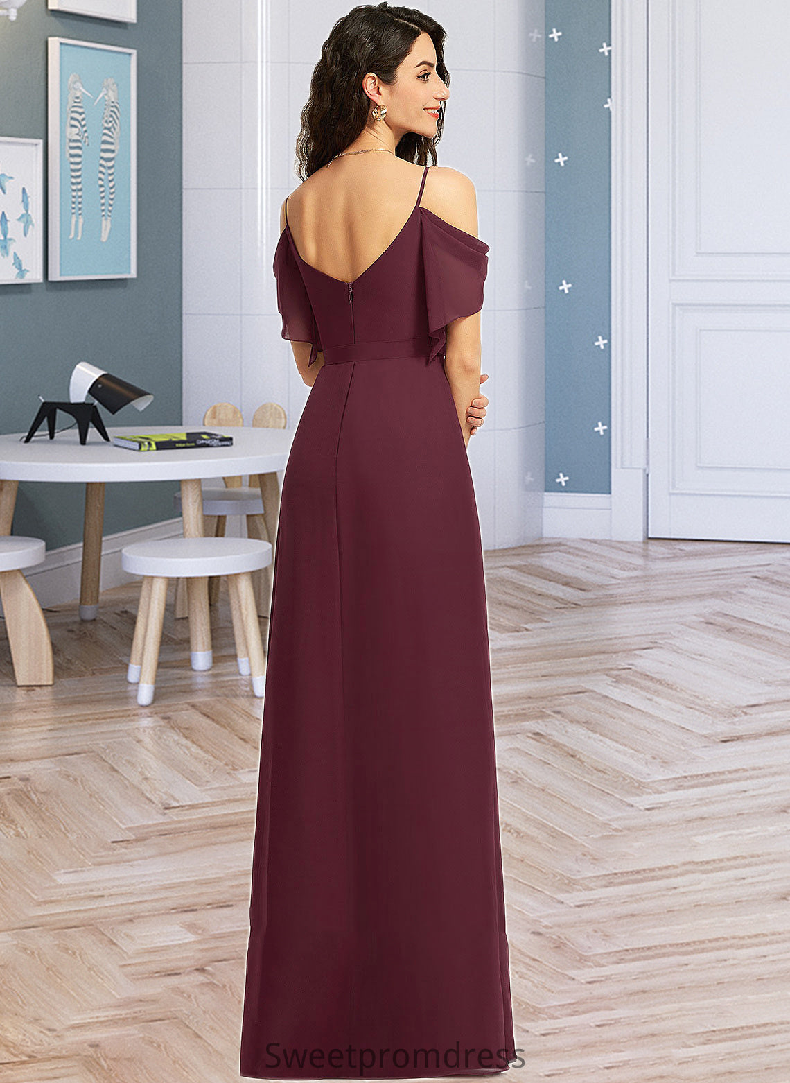 Penny A-Line V-neck Floor-Length Bridesmaid Dress With Ruffle Split Front DHP0012772