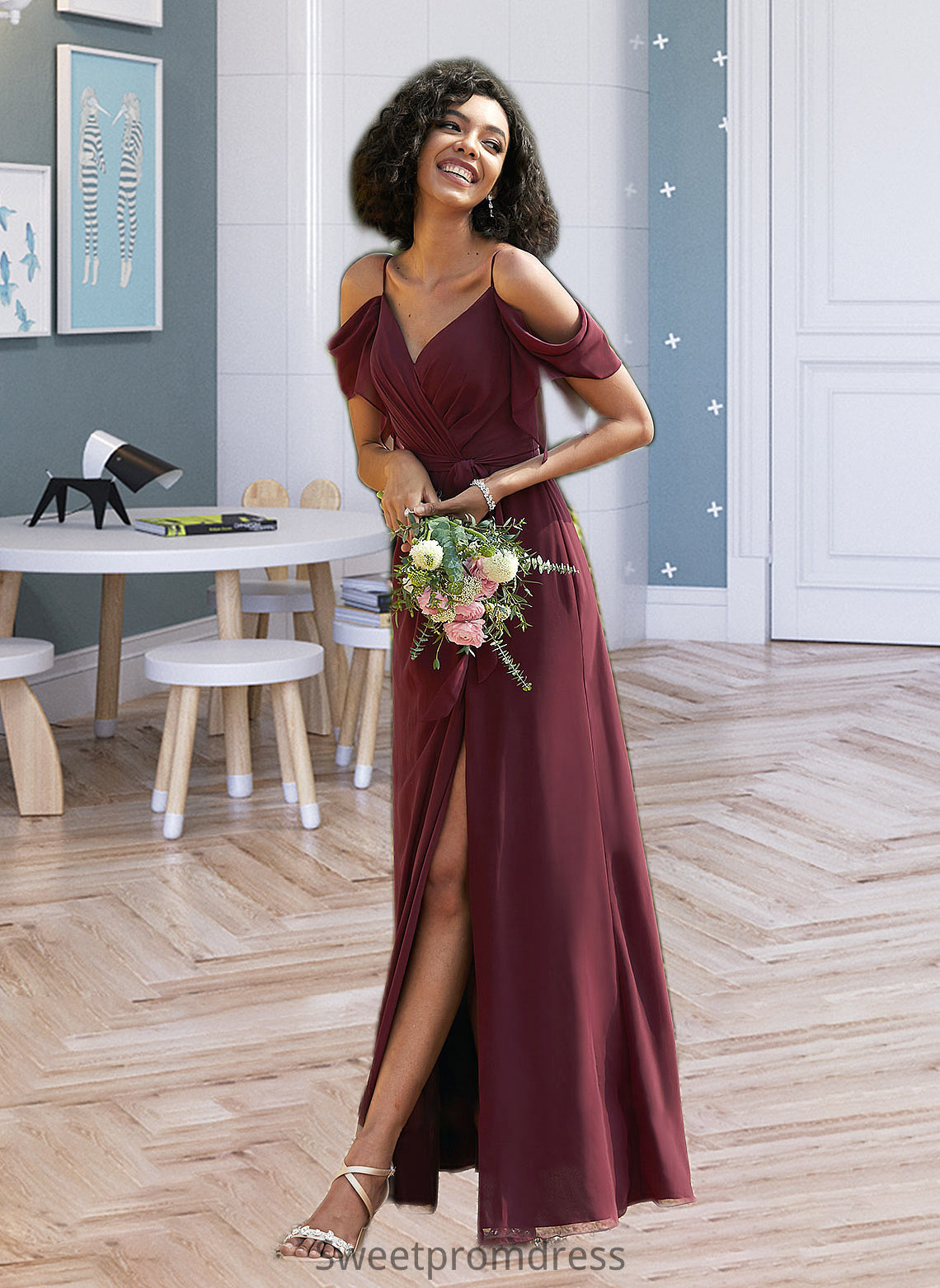 Penny A-Line V-neck Floor-Length Bridesmaid Dress With Ruffle Split Front DHP0012772