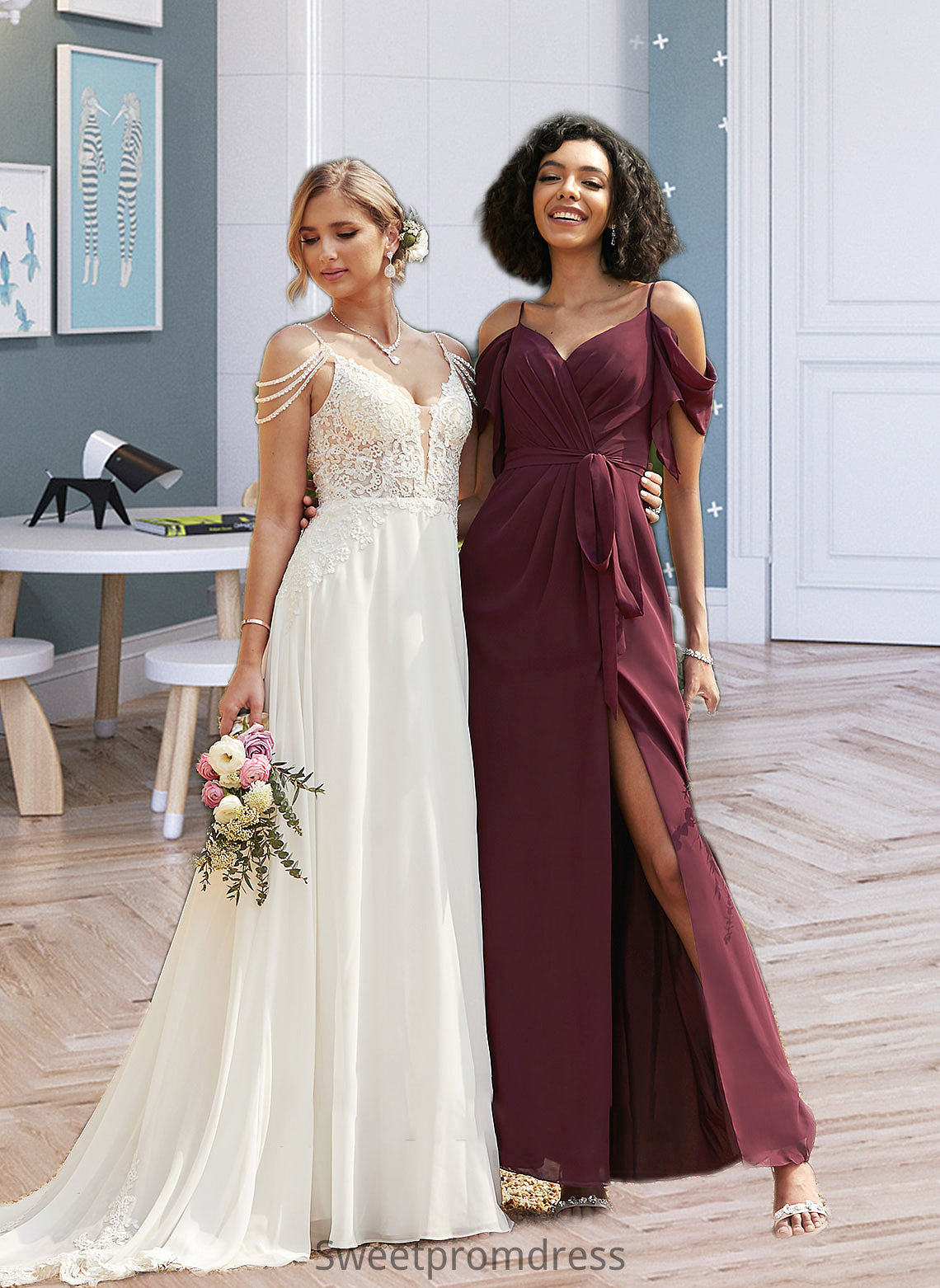 Penny A-Line V-neck Floor-Length Bridesmaid Dress With Ruffle Split Front DHP0012772