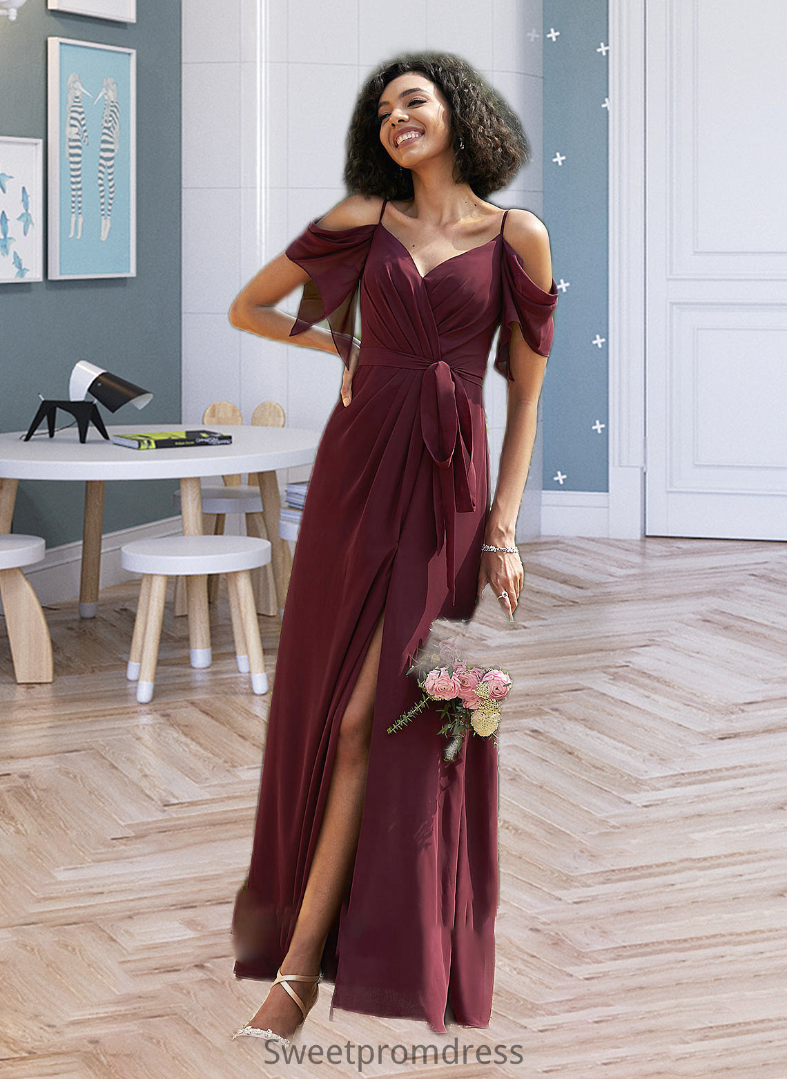 Penny A-Line V-neck Floor-Length Bridesmaid Dress With Ruffle Split Front DHP0012772