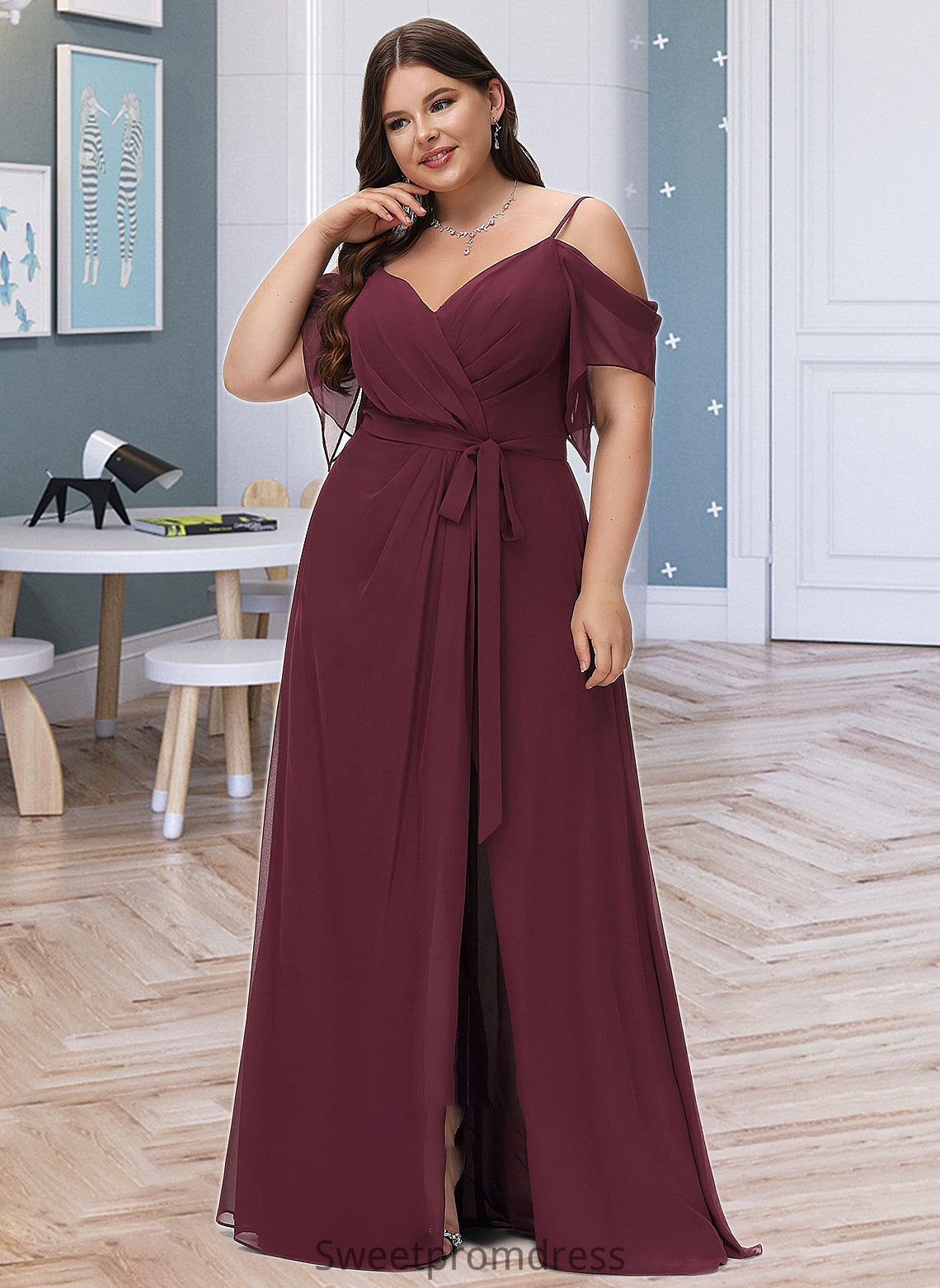 Penny A-Line V-neck Floor-Length Bridesmaid Dress With Ruffle Split Front DHP0012772