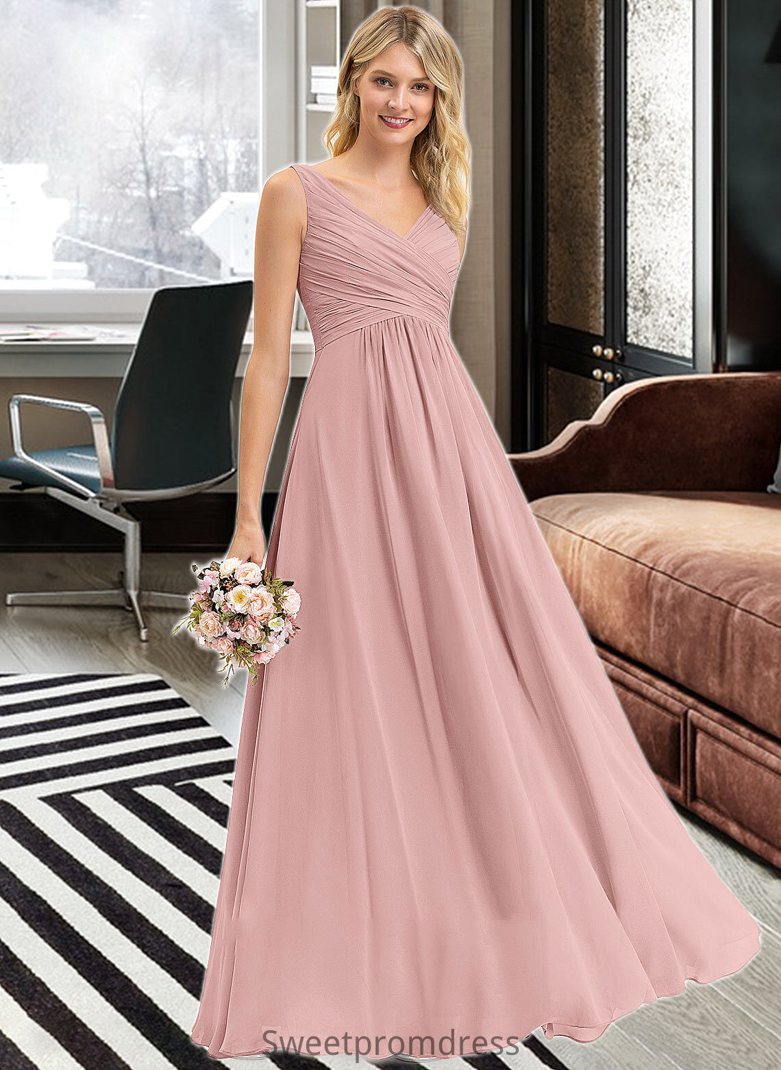 Jacqueline A-Line V-neck Floor-Length Chiffon Bridesmaid Dress With Ruffle DHP0012774