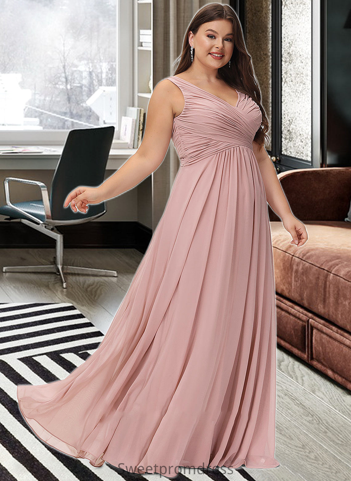 Jacqueline A-Line V-neck Floor-Length Chiffon Bridesmaid Dress With Ruffle DHP0012774