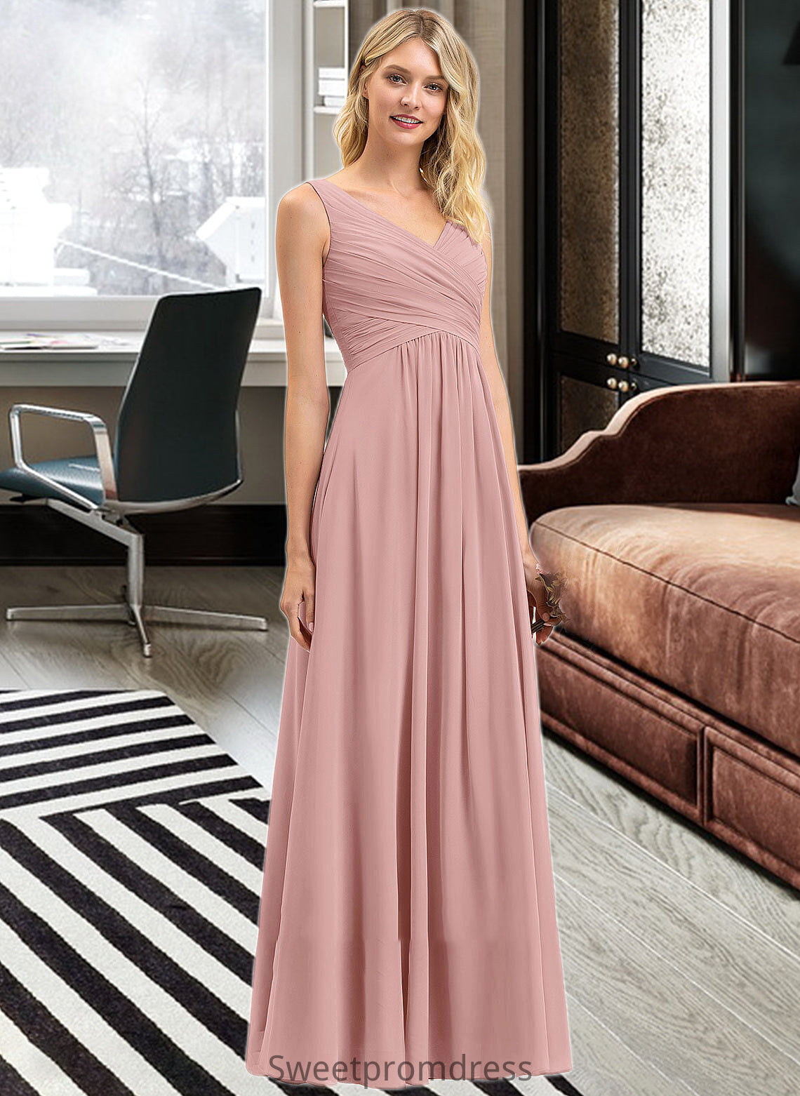 Jacqueline A-Line V-neck Floor-Length Chiffon Bridesmaid Dress With Ruffle DHP0012774