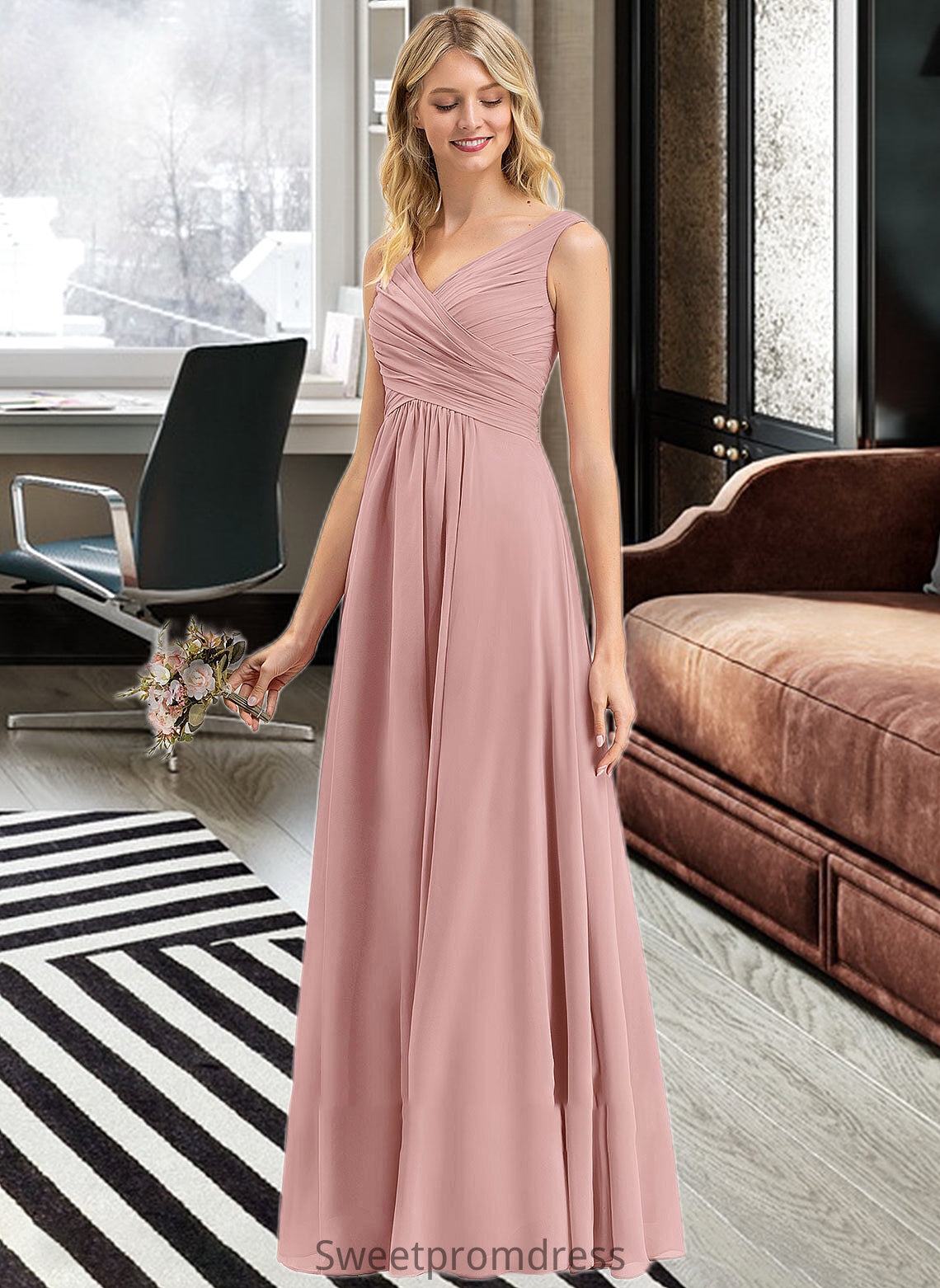 Jacqueline A-Line V-neck Floor-Length Chiffon Bridesmaid Dress With Ruffle DHP0012774