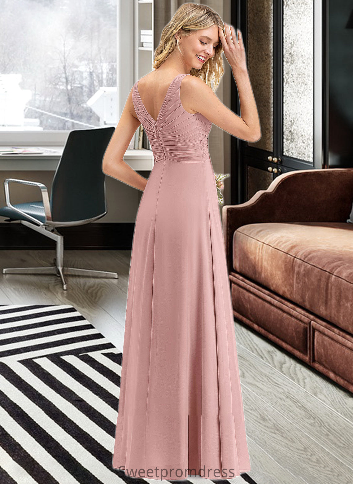 Jacqueline A-Line V-neck Floor-Length Chiffon Bridesmaid Dress With Ruffle DHP0012774