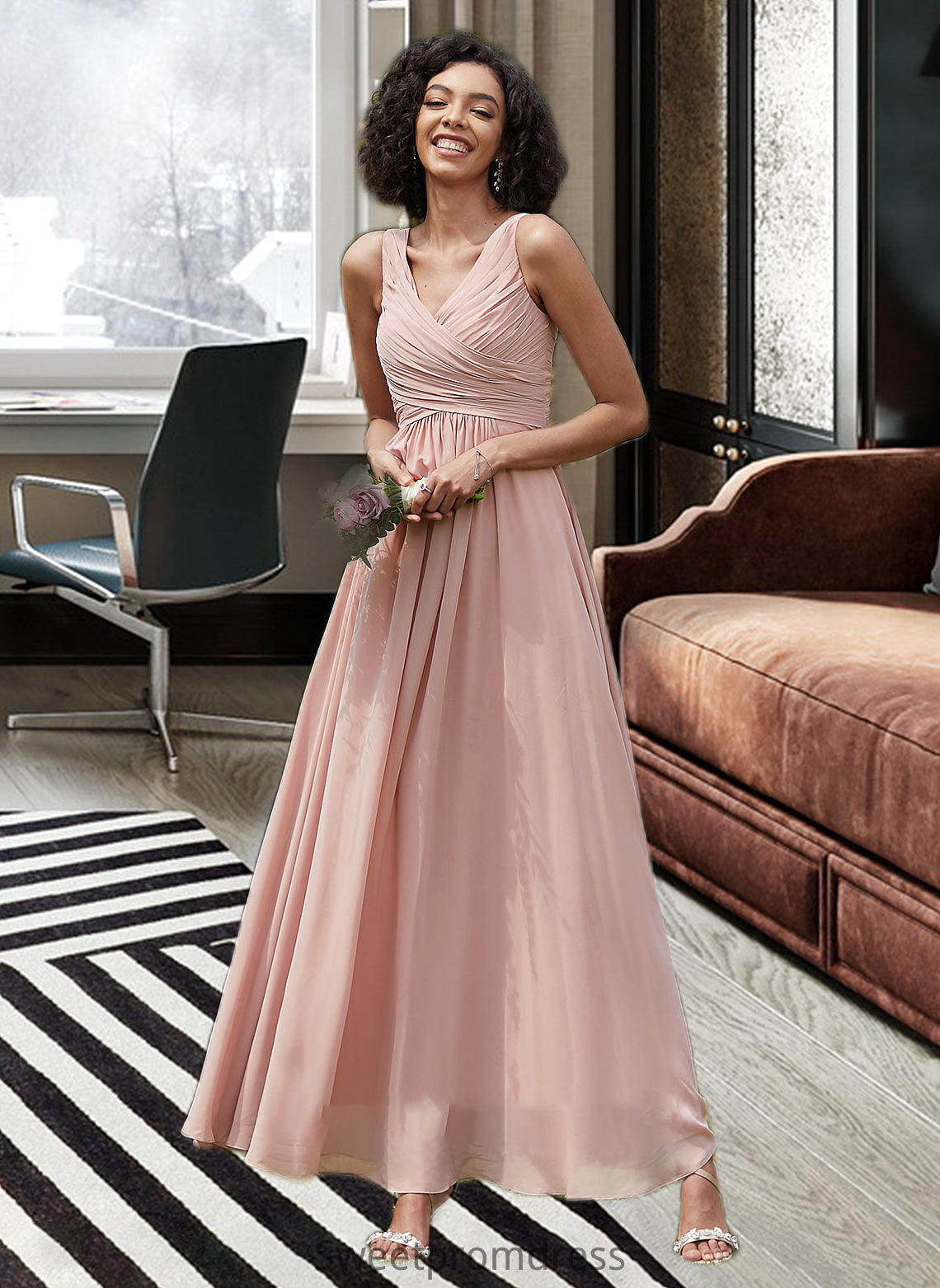 Jacqueline A-Line V-neck Floor-Length Chiffon Bridesmaid Dress With Ruffle DHP0012774