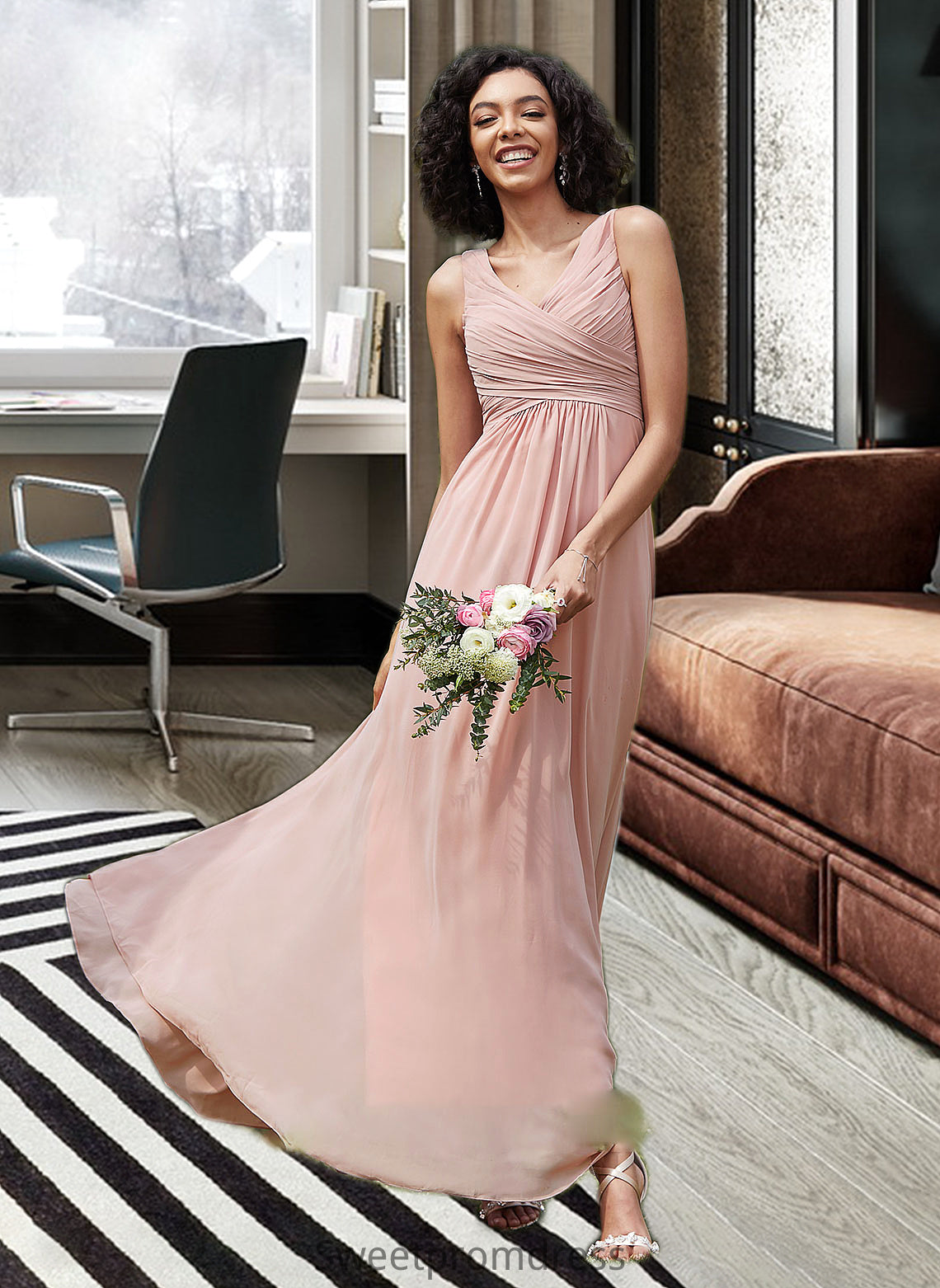 Jacqueline A-Line V-neck Floor-Length Chiffon Bridesmaid Dress With Ruffle DHP0012774