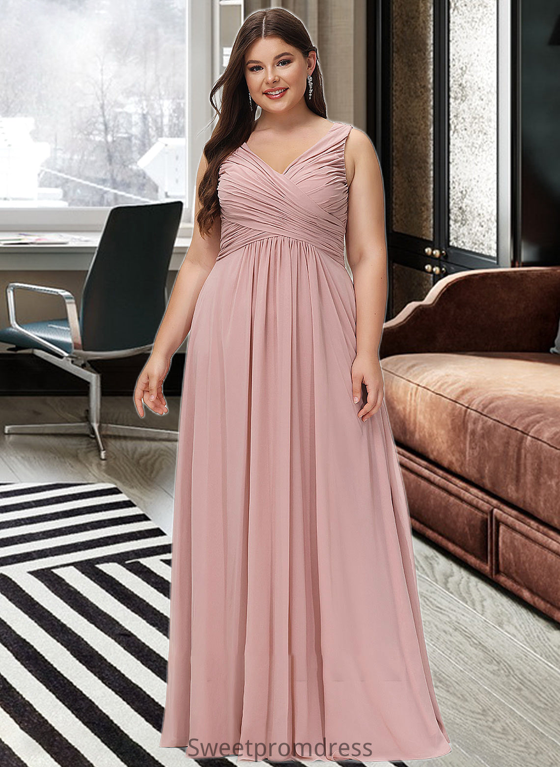 Jacqueline A-Line V-neck Floor-Length Chiffon Bridesmaid Dress With Ruffle DHP0012774