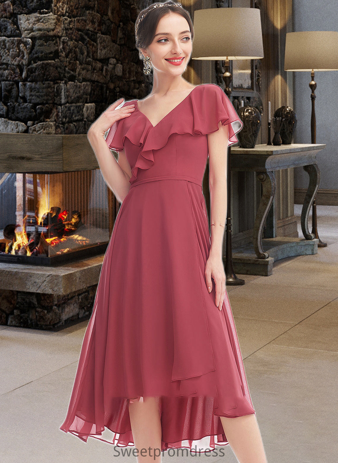 Janiah A-Line V-neck Asymmetrical Bridesmaid Dress With Ruffle DHP0012775