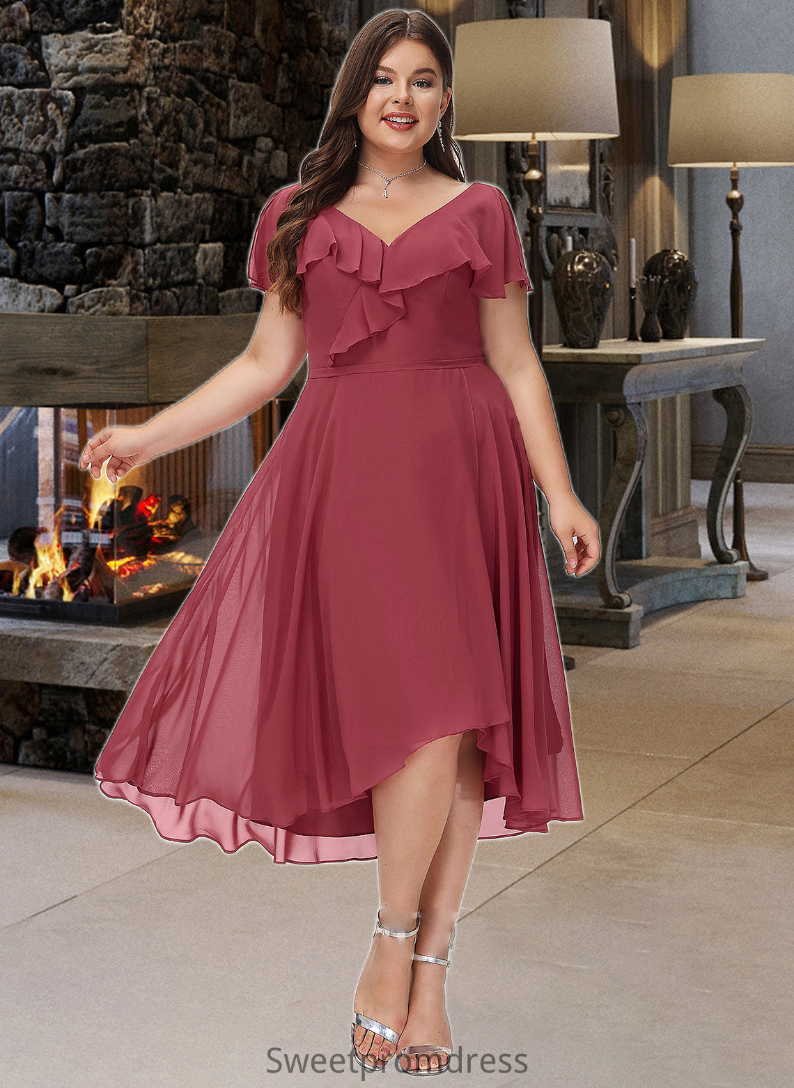 Janiah A-Line V-neck Asymmetrical Bridesmaid Dress With Ruffle DHP0012775