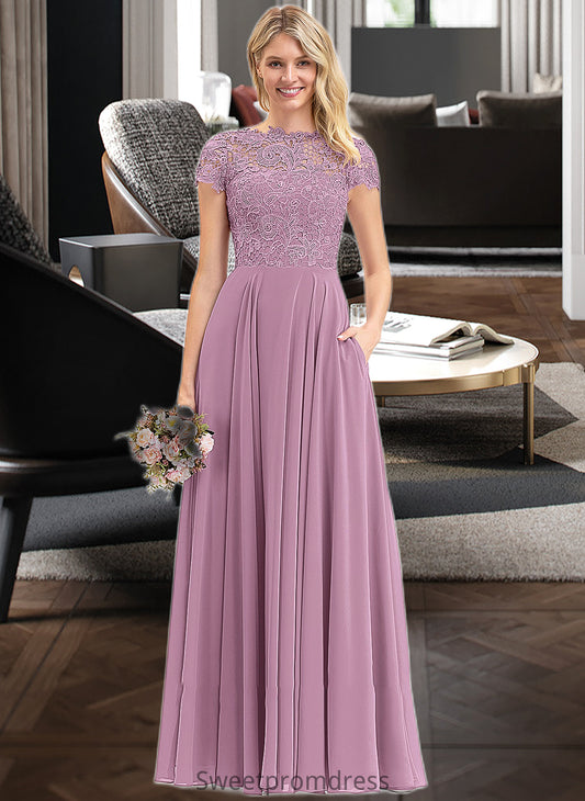 Celia A-Line Scoop Neck Floor-Length Chiffon Lace Bridesmaid Dress With Pockets DHP0012776