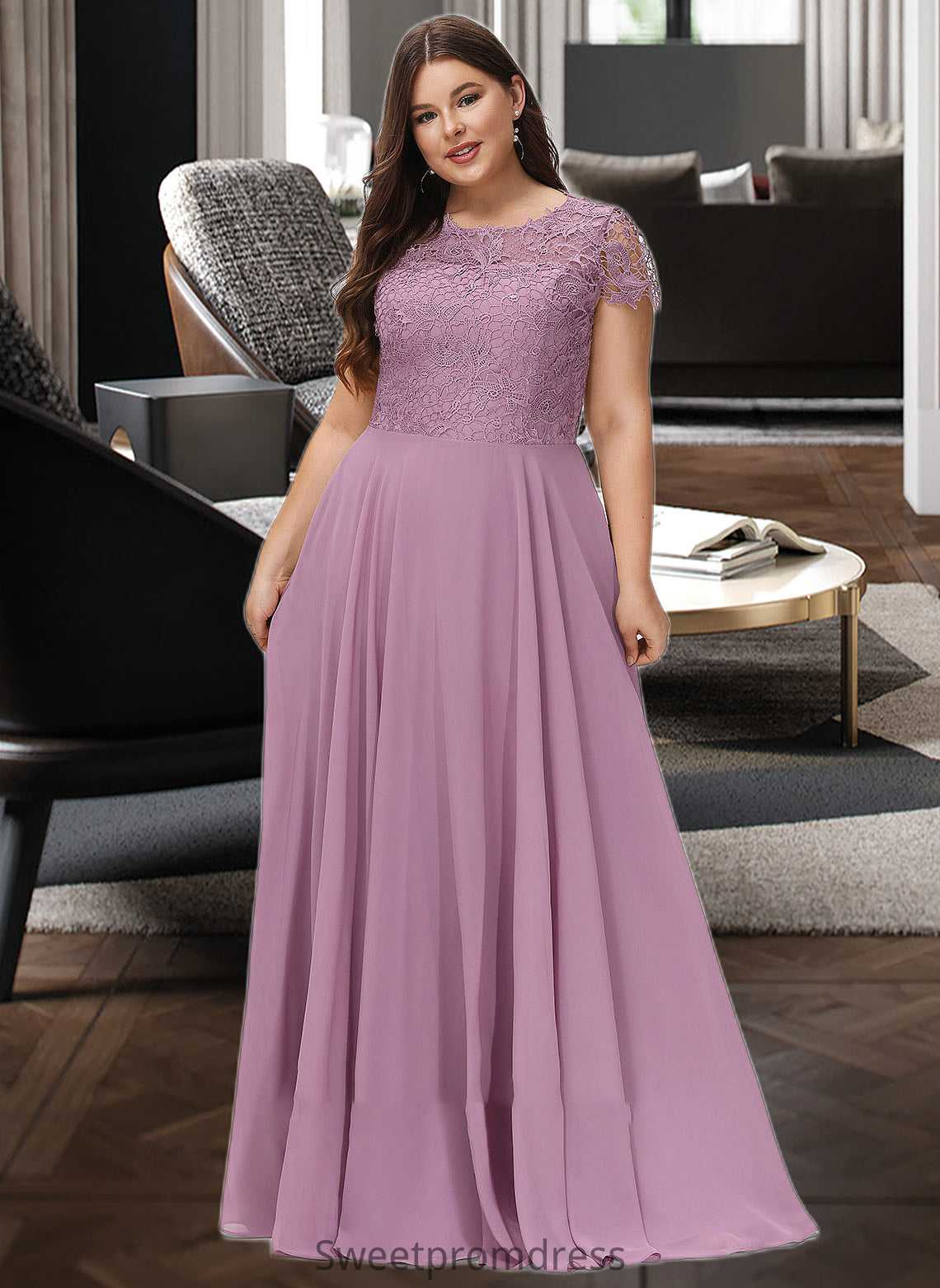 Celia A-Line Scoop Neck Floor-Length Chiffon Lace Bridesmaid Dress With Pockets DHP0012776