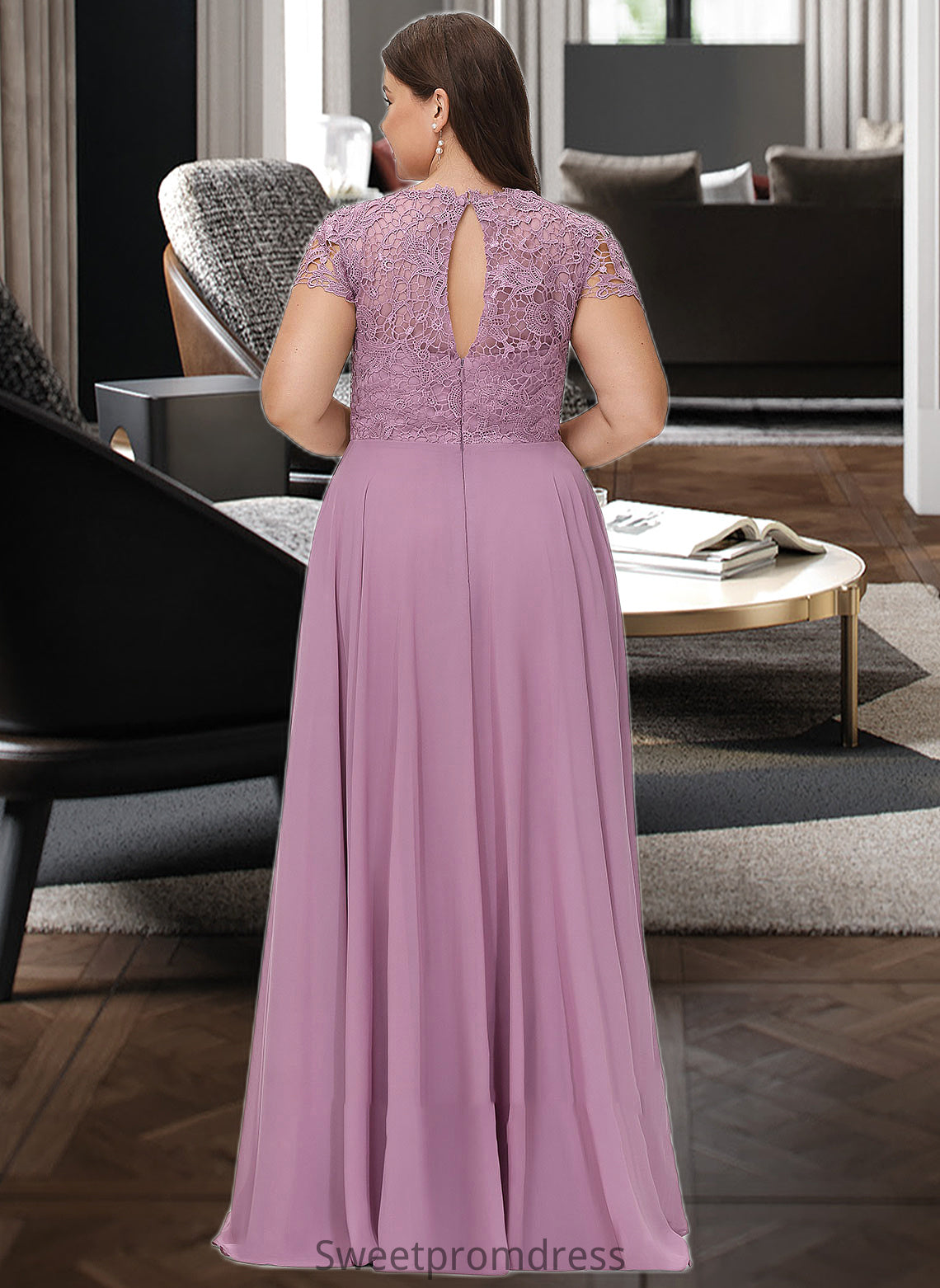 Celia A-Line Scoop Neck Floor-Length Chiffon Lace Bridesmaid Dress With Pockets DHP0012776