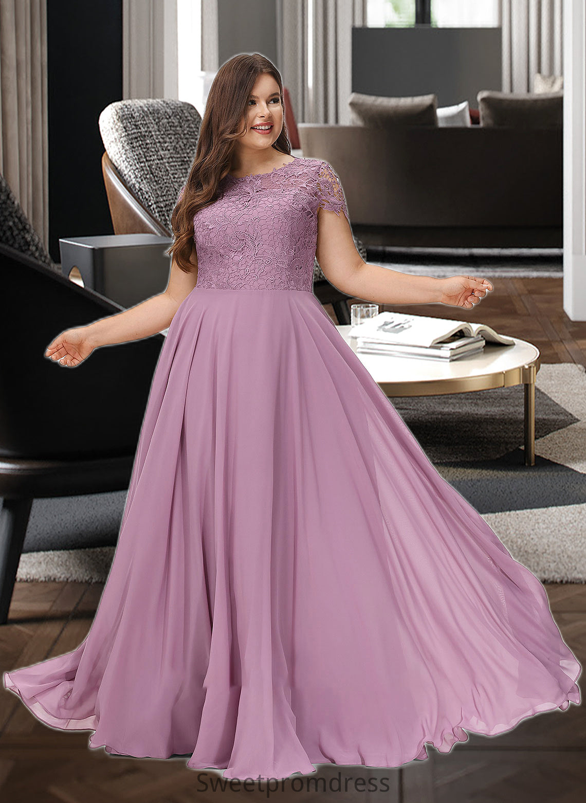 Celia A-Line Scoop Neck Floor-Length Chiffon Lace Bridesmaid Dress With Pockets DHP0012776