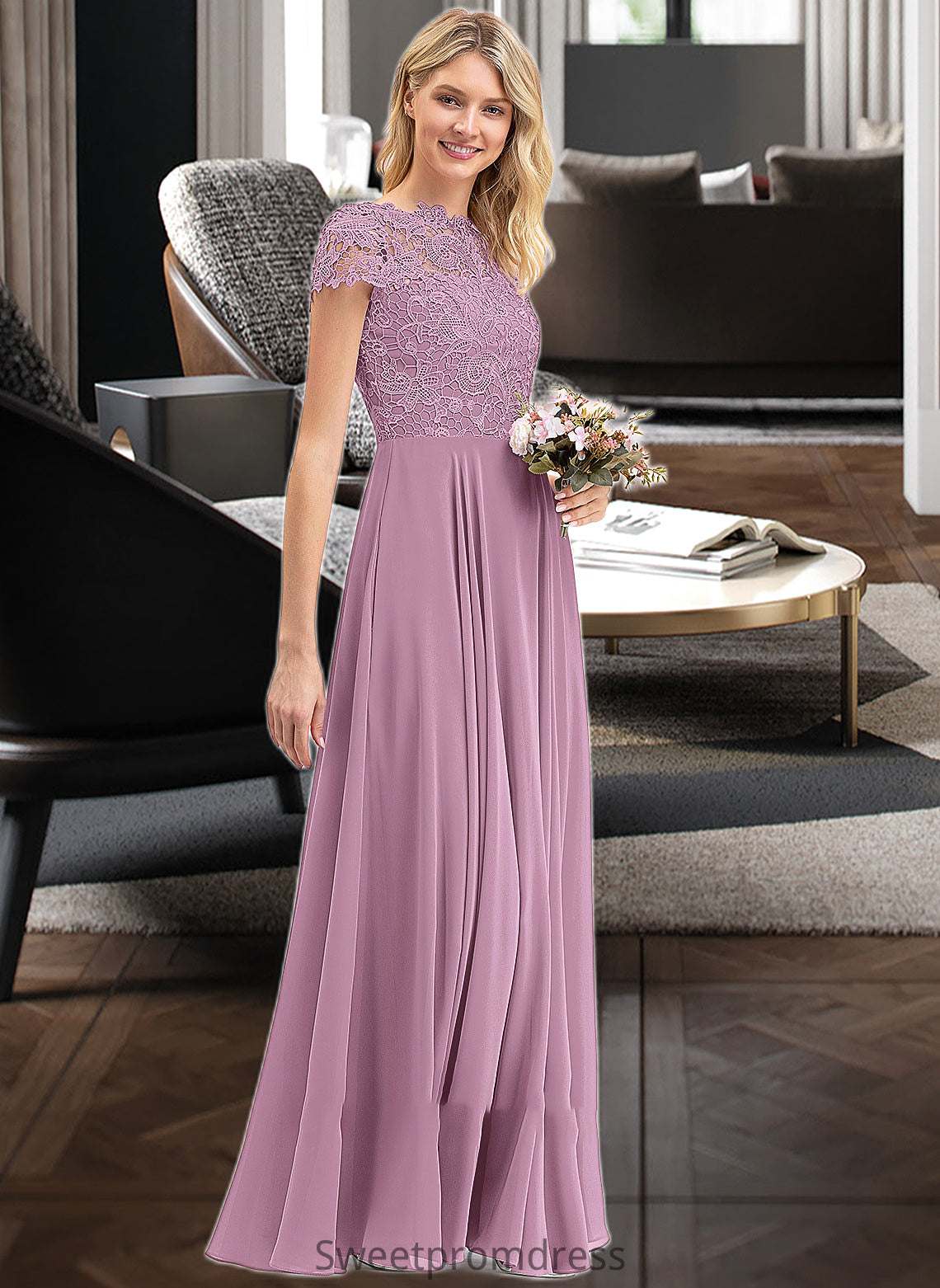 Celia A-Line Scoop Neck Floor-Length Chiffon Lace Bridesmaid Dress With Pockets DHP0012776