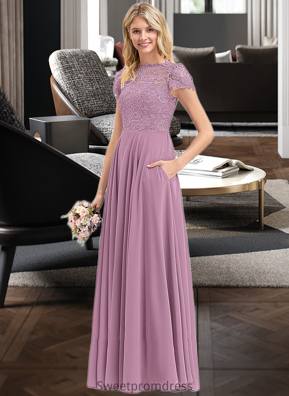 Celia A-Line Scoop Neck Floor-Length Chiffon Lace Bridesmaid Dress With Pockets DHP0012776