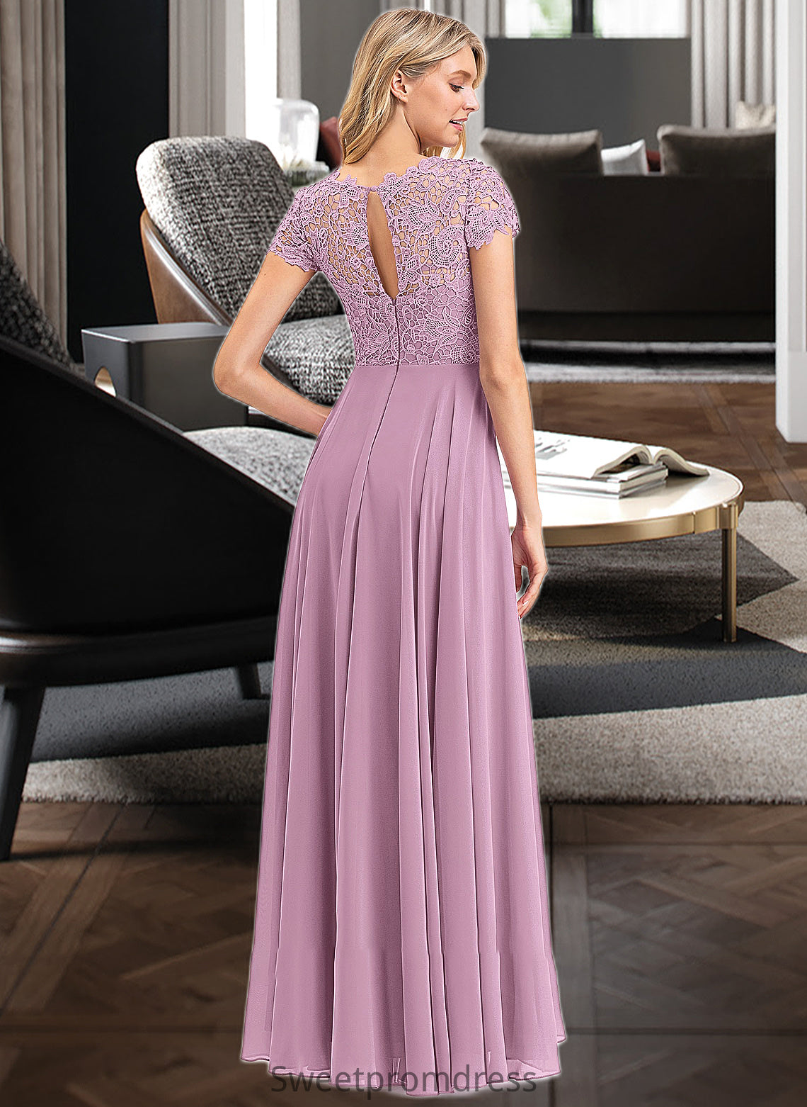 Celia A-Line Scoop Neck Floor-Length Chiffon Lace Bridesmaid Dress With Pockets DHP0012776