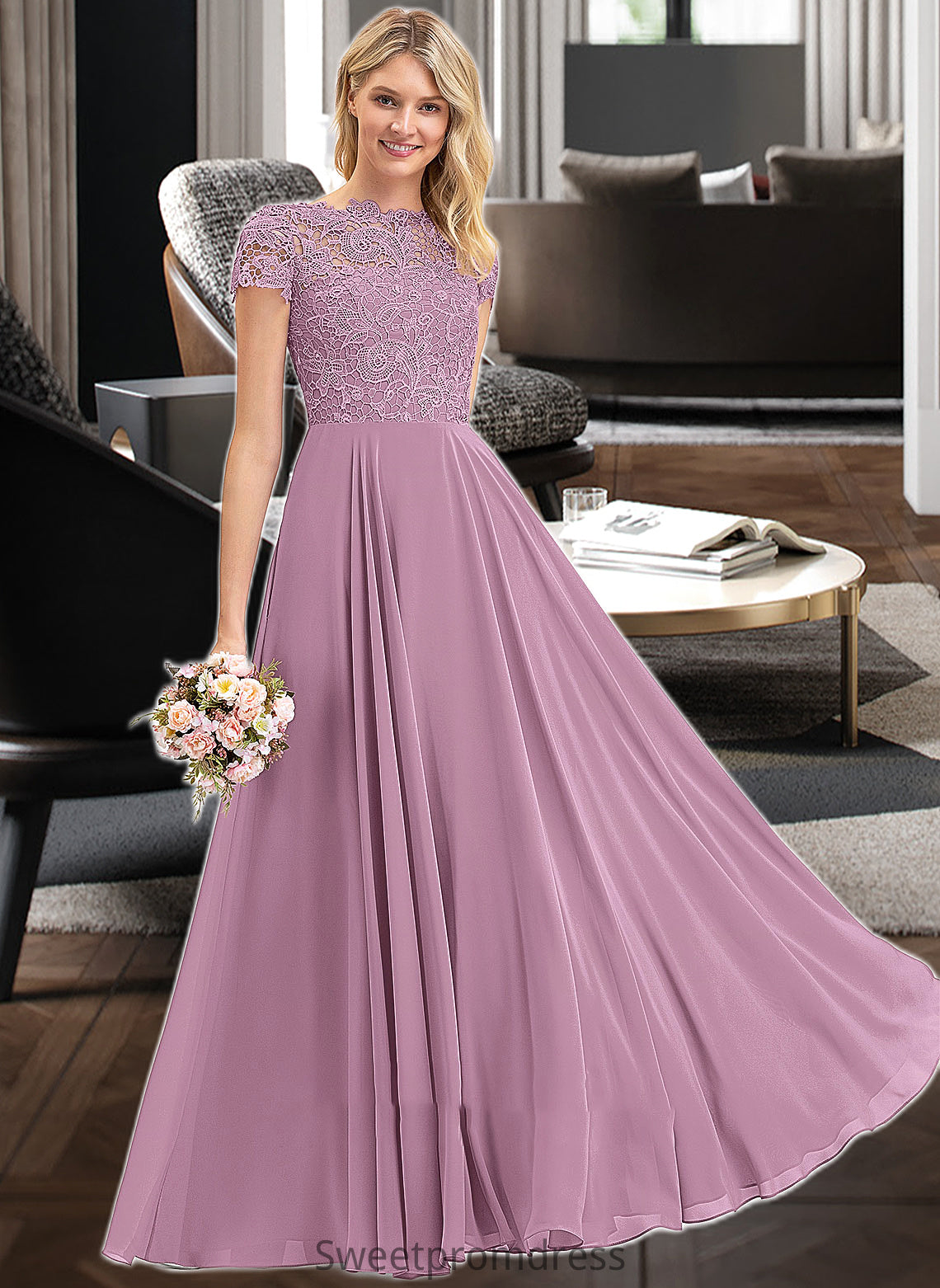 Celia A-Line Scoop Neck Floor-Length Chiffon Lace Bridesmaid Dress With Pockets DHP0012776