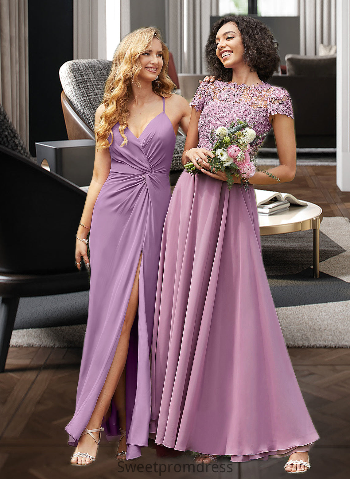 Celia A-Line Scoop Neck Floor-Length Chiffon Lace Bridesmaid Dress With Pockets DHP0012776