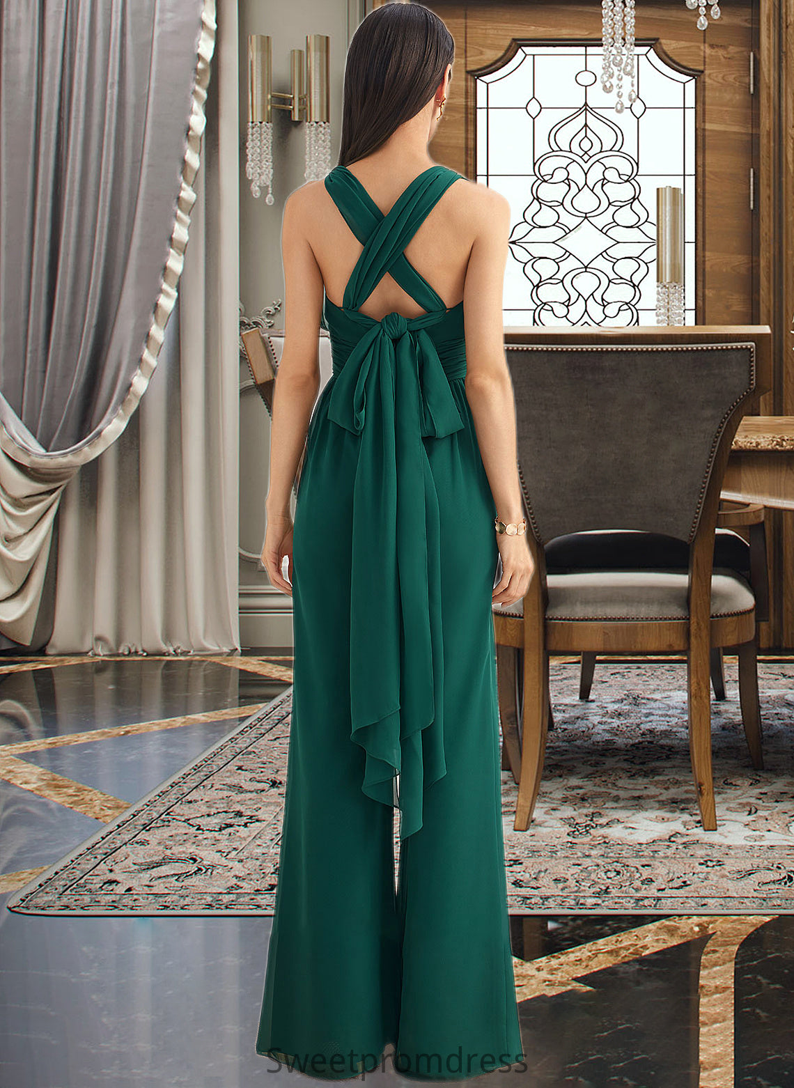 Blanche Jumpsuit/Pantsuit One-Shoulder Halter V-neck High Neck Floor-Length Bridesmaid Dress With Ruffle DHP0012777