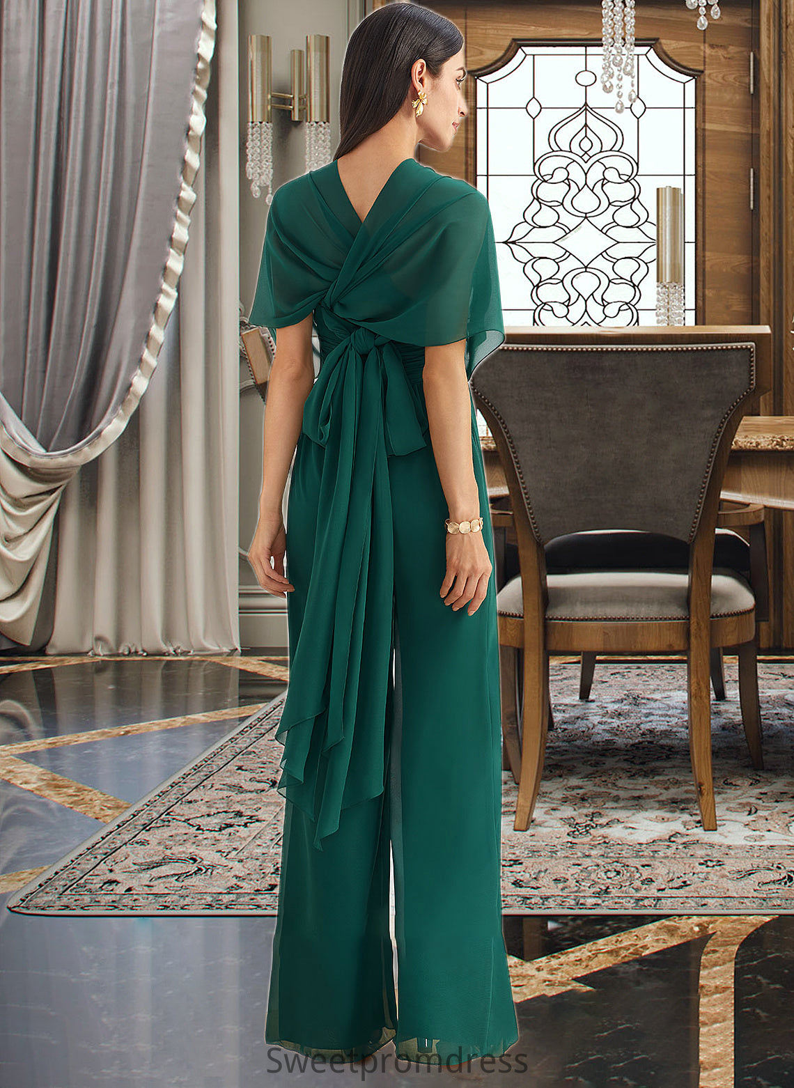 Blanche Jumpsuit/Pantsuit One-Shoulder Halter V-neck High Neck Floor-Length Bridesmaid Dress With Ruffle DHP0012777