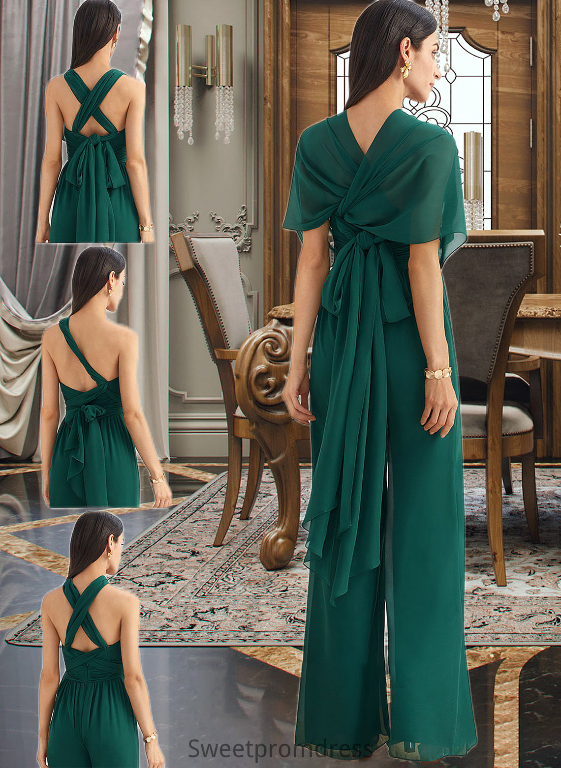 Blanche Jumpsuit/Pantsuit One-Shoulder Halter V-neck High Neck Floor-Length Bridesmaid Dress With Ruffle DHP0012777