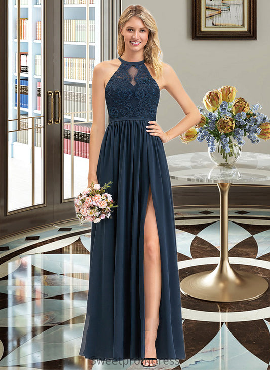 Aaliyah A-Line Scoop Neck Floor-Length Chiffon Lace Bridesmaid Dress With Split Front DHP0012778