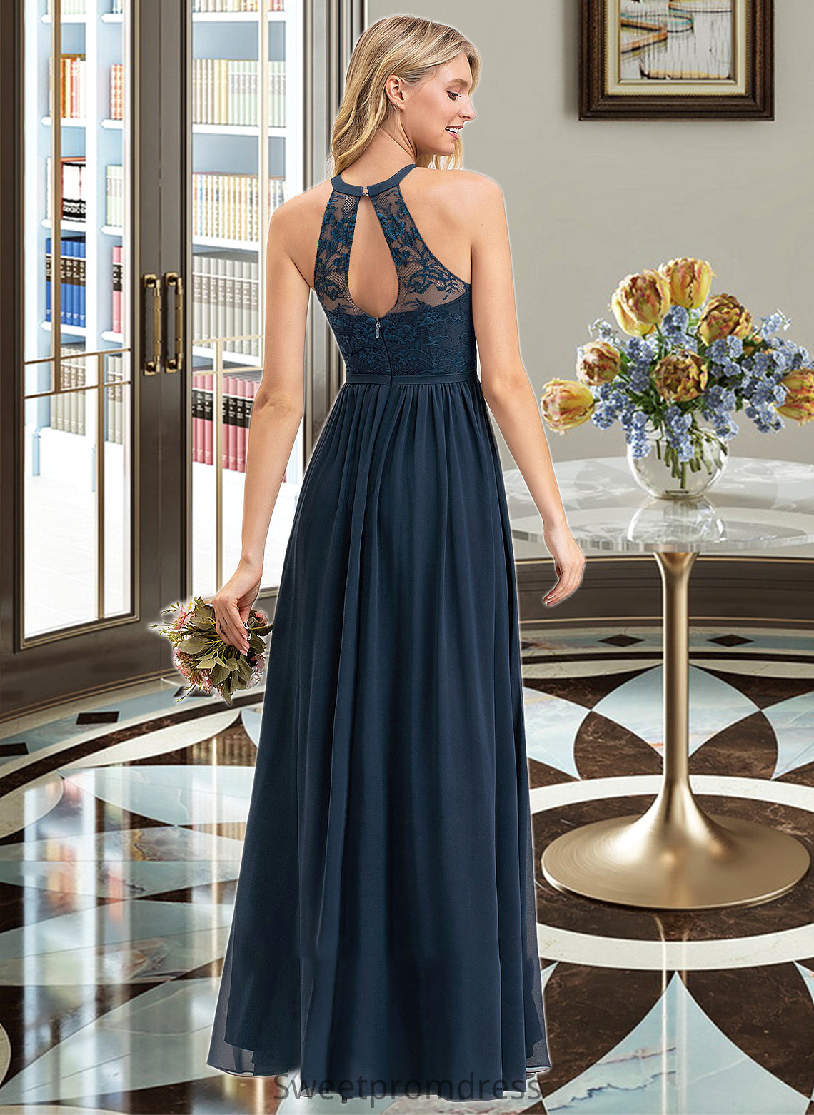 Aaliyah A-Line Scoop Neck Floor-Length Chiffon Lace Bridesmaid Dress With Split Front DHP0012778