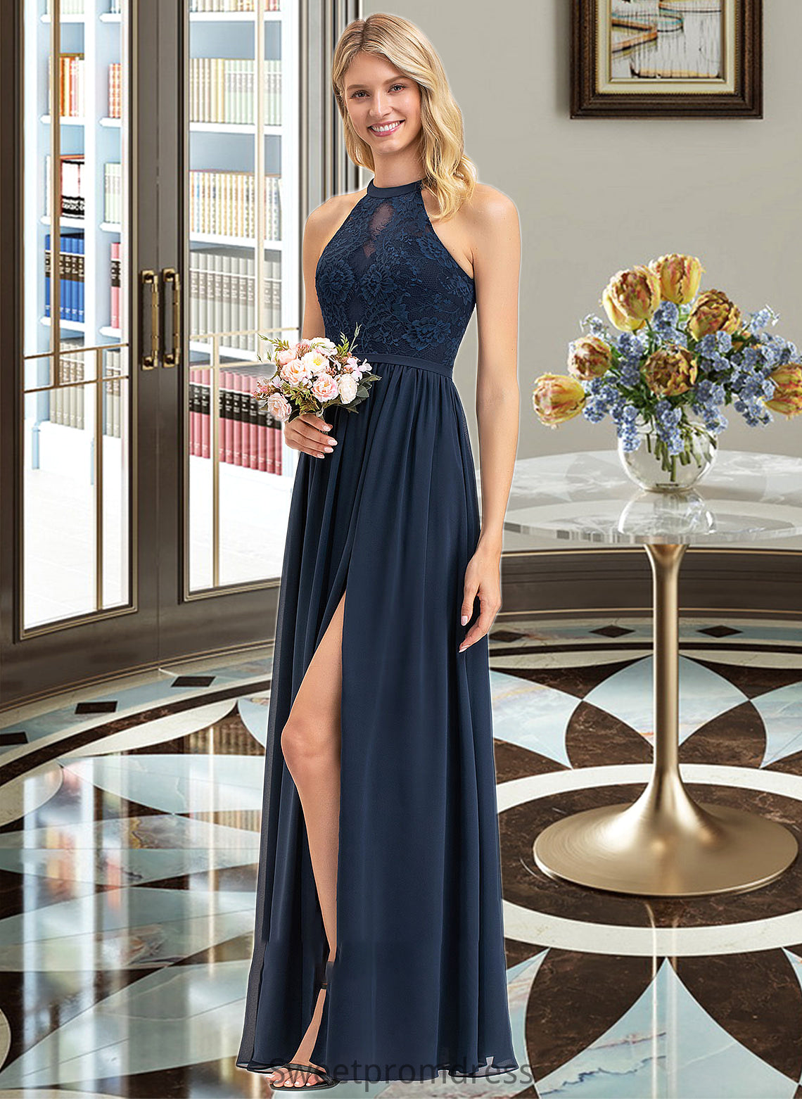 Aaliyah A-Line Scoop Neck Floor-Length Chiffon Lace Bridesmaid Dress With Split Front DHP0012778