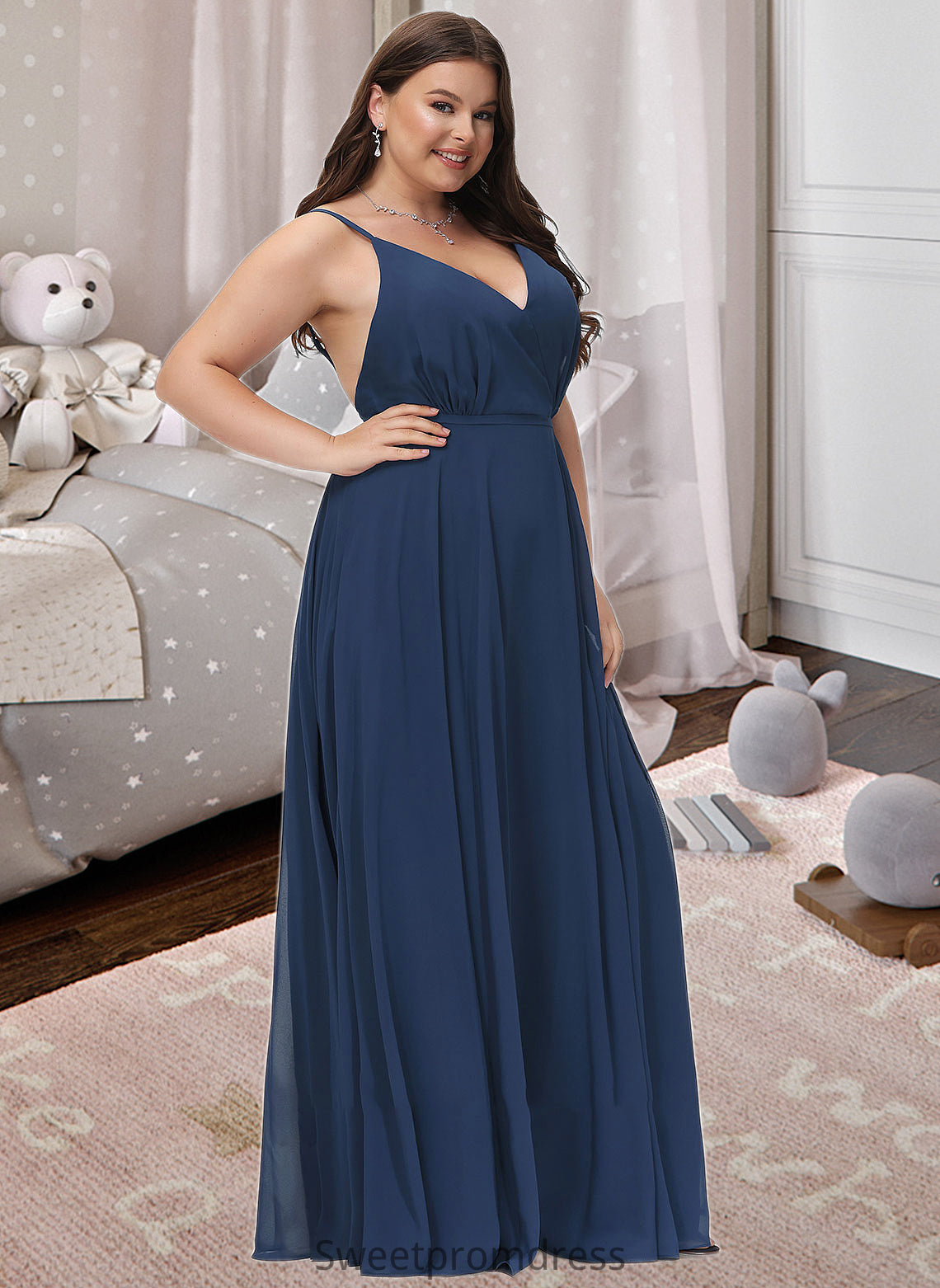 Janet A-Line V-neck Floor-Length Bridesmaid Dress With Split Front DHP0012780