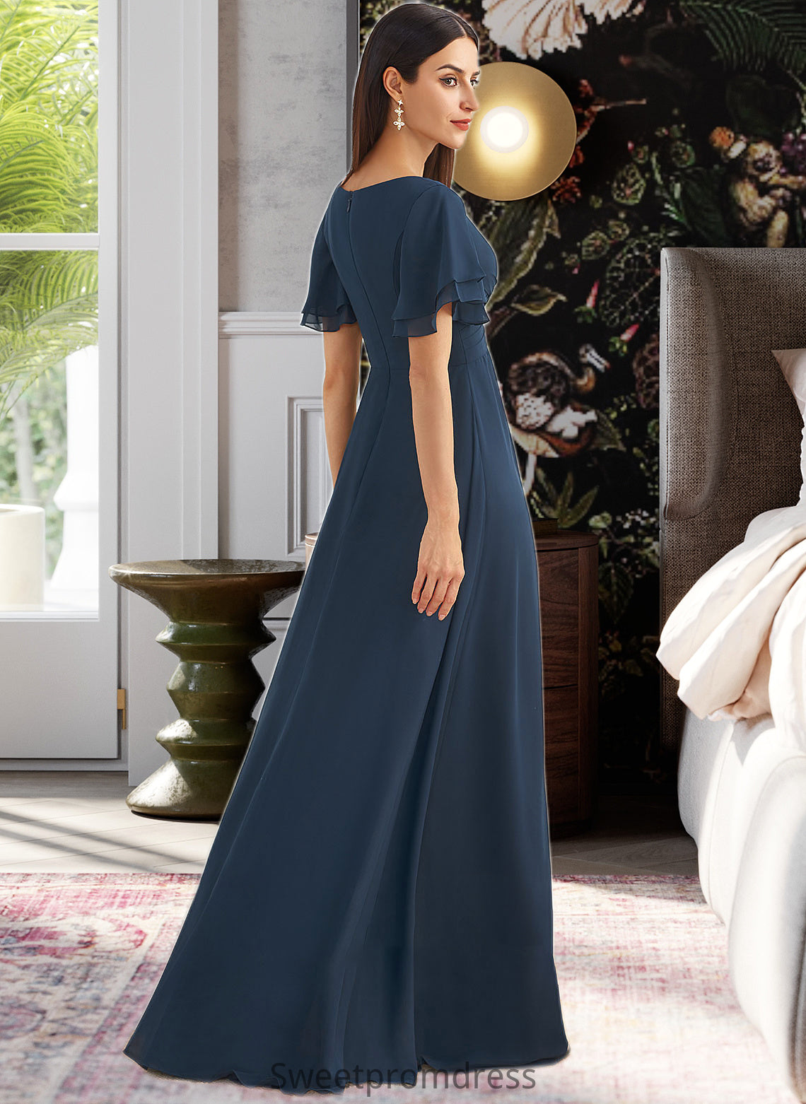 Talia A-Line V-neck Floor-Length Bridesmaid Dress With Split Front DHP0012781