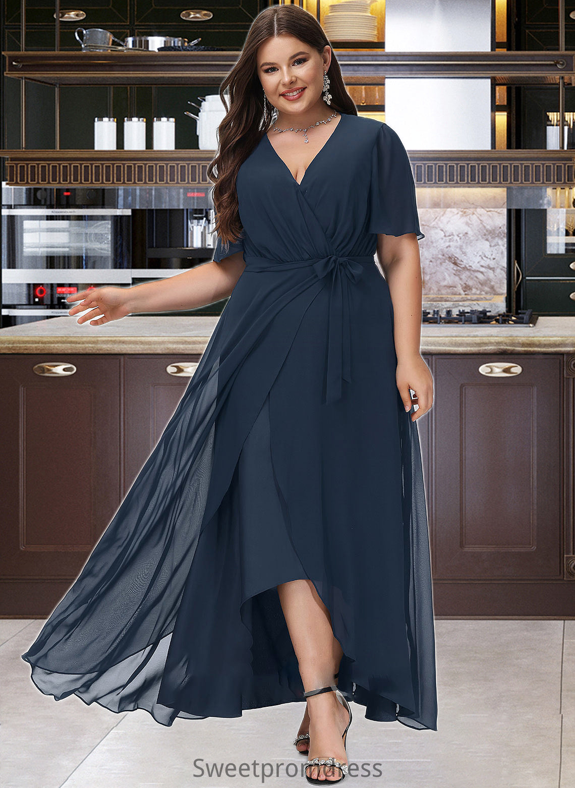 Norah A-Line V-neck Asymmetrical Chiffon Bridesmaid Dress With Bow(s) DHP0012783