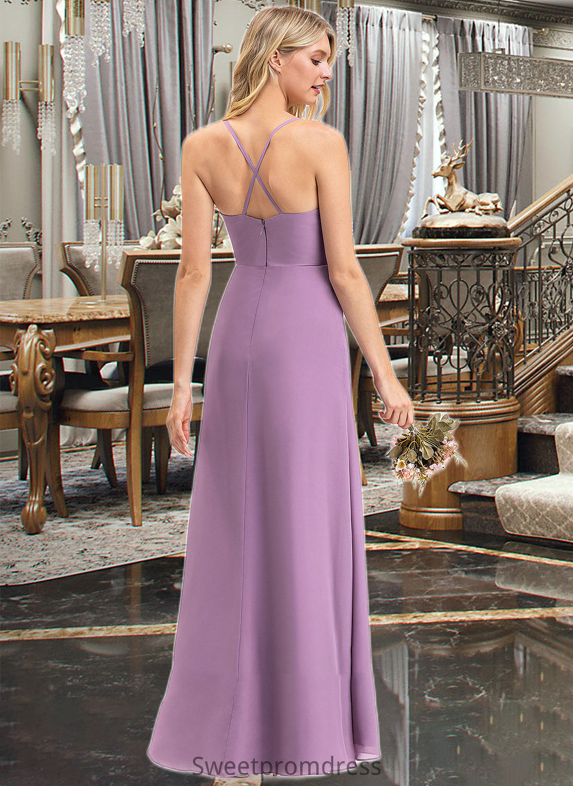 Cadence A-Line V-neck Floor-Length Chiffon Bridesmaid Dress With Ruffle Split Front DHP0012784