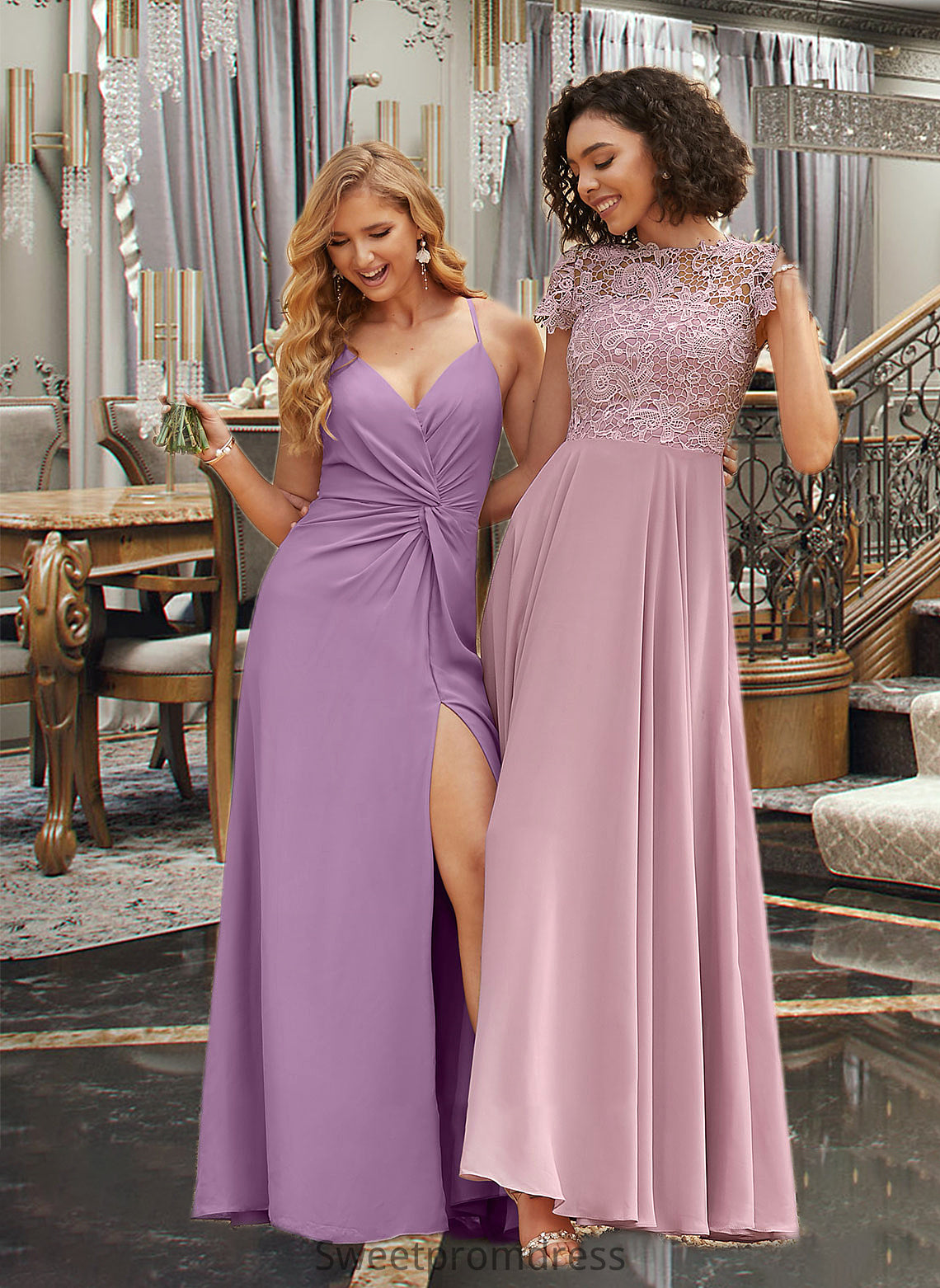 Cadence A-Line V-neck Floor-Length Chiffon Bridesmaid Dress With Ruffle Split Front DHP0012784