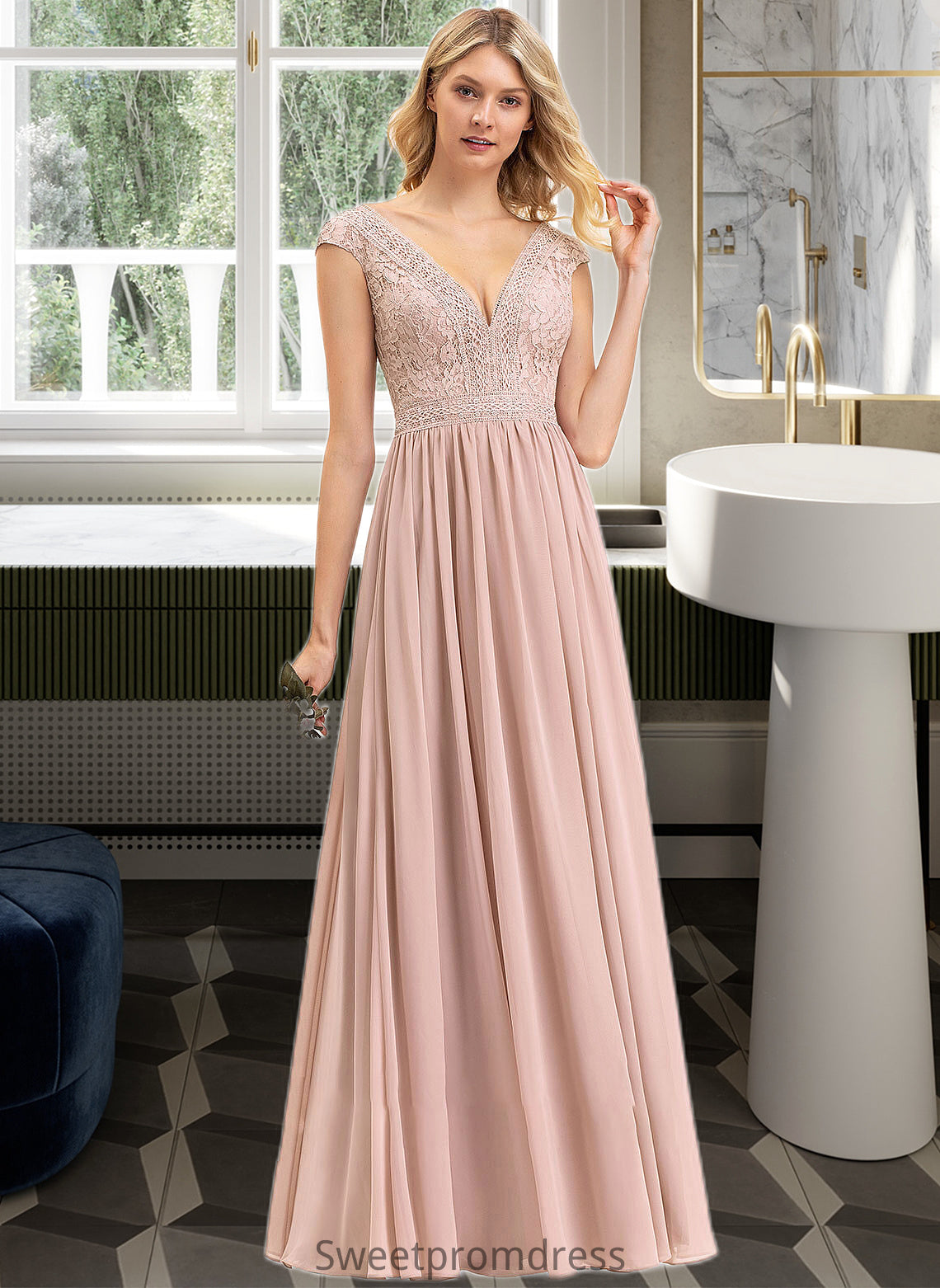 Sahna A-line V-Neck Floor-Length Chiffon Lace Bridesmaid Dress DHP0012786