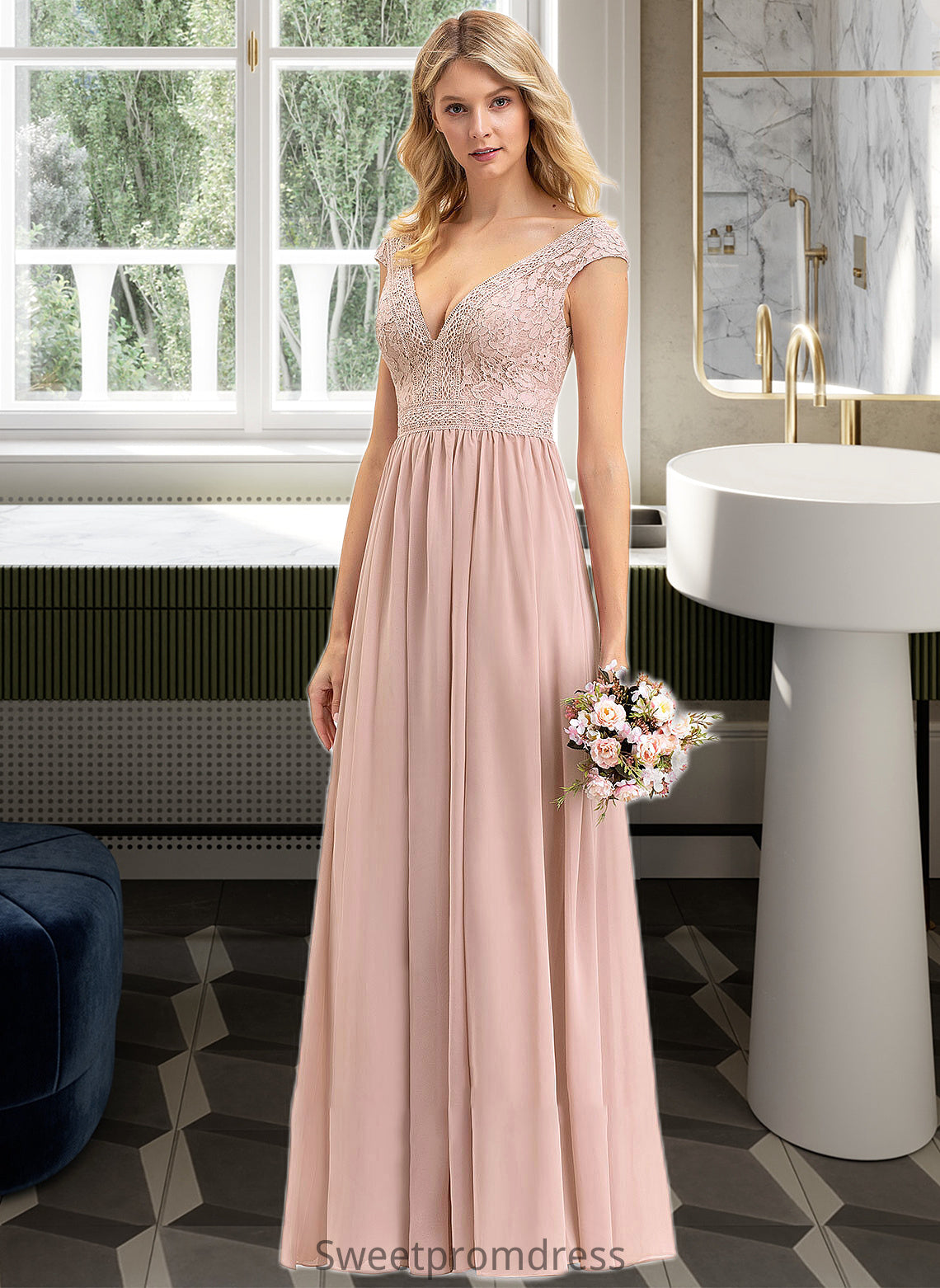 Sahna A-line V-Neck Floor-Length Chiffon Lace Bridesmaid Dress DHP0012786