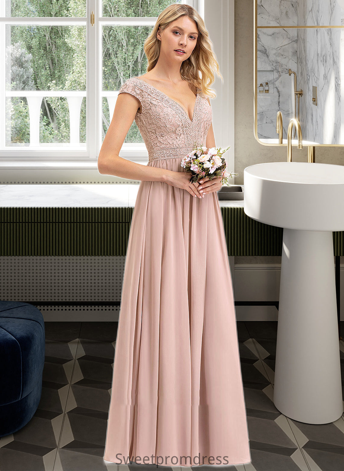 Sahna A-line V-Neck Floor-Length Chiffon Lace Bridesmaid Dress DHP0012786