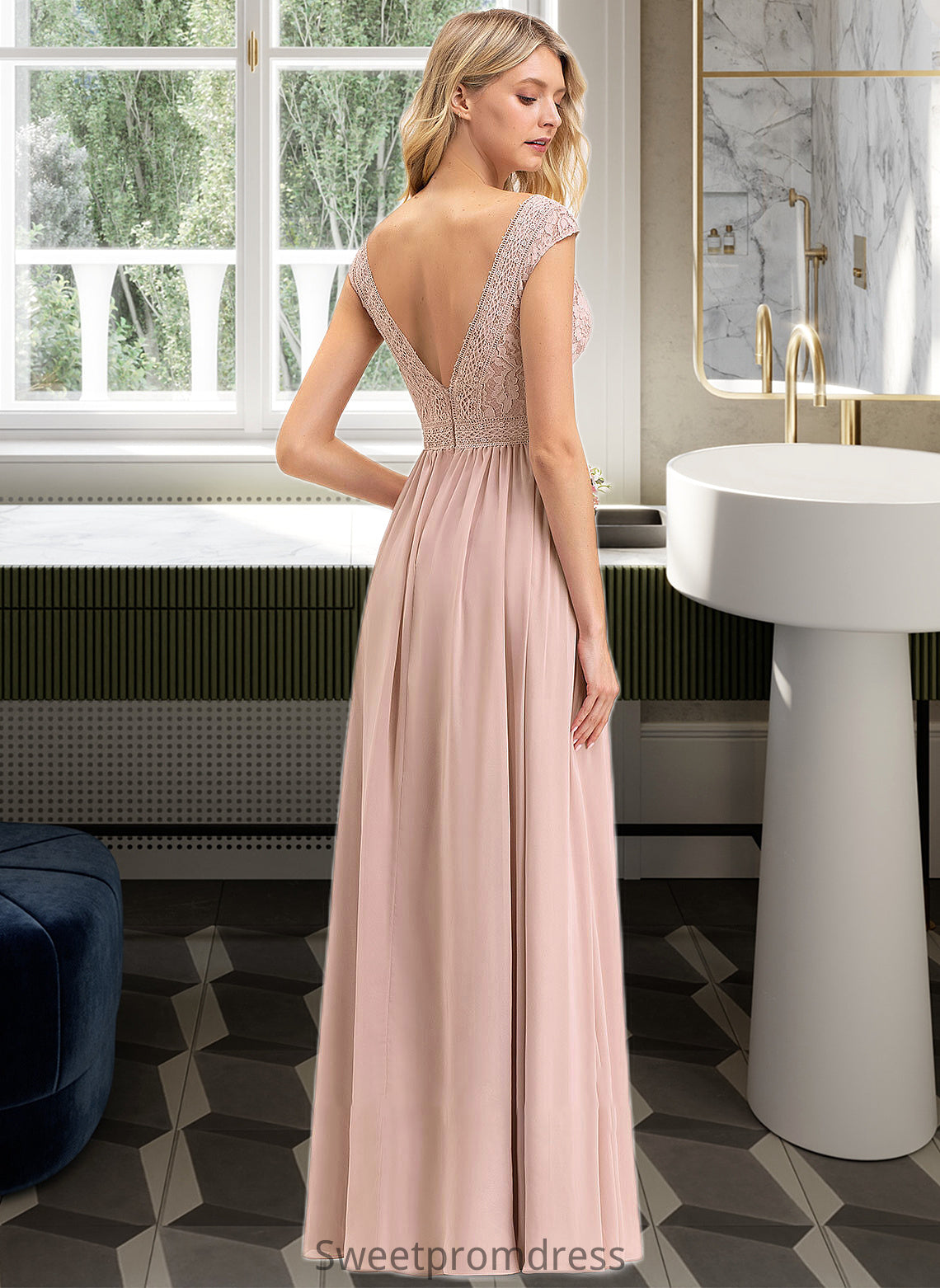 Sahna A-line V-Neck Floor-Length Chiffon Lace Bridesmaid Dress DHP0012786