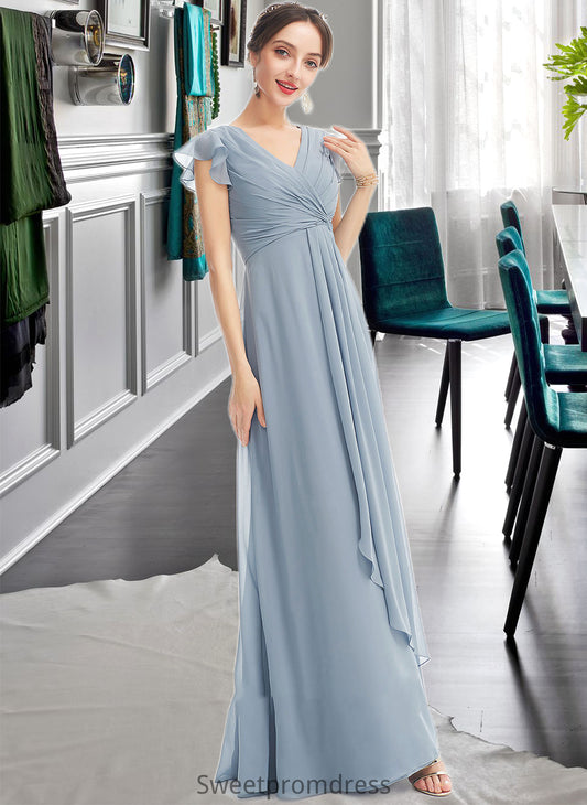 Kaiya A-Line V-neck Floor-Length Bridesmaid Dress With Ruffle Split Front DHP0012787