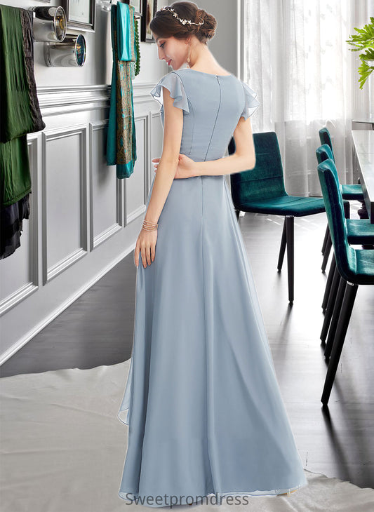 Kaiya A-Line V-neck Floor-Length Bridesmaid Dress With Ruffle Split Front DHP0012787